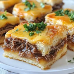 - 1 lb beef roast, cooked and shredded - 1 cup beef broth - 1 cup shredded Swiss cheese - 1 cup all-purpose flour - 1/2 cup milk - 1 tsp garlic powder - 1 tsp onion powder - 1/2 tsp black pepper - 1/4 tsp salt - 1/2 tsp dried thyme - 1 tablespoon olive oil - Fresh parsley, for garnish (optional) Gather all your ingredients before you start cooking. This makes the process smooth and fun. First, you need a beef roast, cooked and shredded. The beef roast gives your squares a hearty base. Next, grab beef broth to add flavor. The broth soaks into the beef and keeps it moist. Shredded Swiss cheese will melt beautifully on top, making each bite creamy. You will also need all-purpose flour and milk. These two form the batter that holds everything together. For seasonings, use garlic powder and onion powder. They add depth to the flavor. Black pepper and salt bring out the taste. Dried thyme gives a hint of earthiness. A tablespoon of olive oil helps with moisture and adds richness. If you want a pop of color, consider fresh parsley for garnish. It makes your dish look pretty and adds a fresh note. {{ingredient_image_2}} - Preheat oven to 375°F (190°C). - Prepare a 9x9 inch baking dish by greasing it or lining with parchment paper. - Combine 1 cup of all-purpose flour, 1 tsp garlic powder, 1 tsp onion powder, 1/2 tsp black pepper, 1/4 tsp salt, and 1/2 tsp dried thyme in a bowl. - In another bowl, whisk together 2 large eggs and 1/2 cup milk until smooth. - Pour the egg and milk mixture into the dry ingredients. Stir until you have a smooth batter. - Spread the batter evenly in the prepared baking dish. - Layer 1 lb of shredded beef evenly on top of the batter. - Pour 1 cup of beef broth over the beef to soak it well. - Top with 1 cup of shredded Swiss cheese, evenly covering the beef. - Bake in the preheated oven for 25-30 minutes. - Check for doneness when the edges are golden brown and the center feels firm. To make tasty French Dip Squares, you must distribute your ingredients evenly. This means spreading the batter well in the dish. When you add the beef, cover the batter completely. This ensures every bite is flavorful. For golden brown edges, keep an eye on the baking time. Bake at 375°F (190°C) for 25 to 30 minutes. You want the edges to be firm and golden. If they look pale, give them a few extra minutes. Cutting your squares is easy if you wait a bit. Let them cool for 5 to 10 minutes after baking. This helps them set. Use a sharp knife for clean cuts. This way, you get nice, neat squares. Garnish with fresh parsley for a pop of color. Just chop it finely and sprinkle it on top. This makes your dish look more inviting and adds some fresh flavor. Using leftover beef broth makes a great dip. Just pour it into a small bowl for serving. The warm broth adds flavor and moisture to your squares. You can also try other sauces for dipping. Barbecue sauce or horseradish sauce adds a fun twist. These options enhance the taste and make the meal more exciting. Pro Tips Use Leftover Roast: If you have leftover roast beef, this recipe is a fantastic way to repurpose it while adding flavor and texture. Experiment with Cheeses: Feel free to swap out Swiss cheese for other varieties like provolone or cheddar for a different flavor profile. Season the Broth: Add herbs or spices to the beef broth for an extra layer of flavor. Consider Worcestershire sauce or a dash of hot sauce for a kick. Let It Rest: Allowing the squares to cool for a few minutes after baking helps them set, making them easier to cut and serve. {{image_4}} You can switch up the beef in French Dip Squares. Try using brisket for more flavor. Flank steak also works well; it cooks quickly and adds a nice texture. If you want a lighter option, pork can be a great choice. Pulled pork gives a sweet and smoky taste. Chicken is another option; shredded rotisserie chicken can save time and still taste good. Just make sure to adjust the cooking time if you use a different meat. Swiss cheese is classic, but you can mix it up. Provolone melts well and adds a nice bite. For a sharper flavor, try cheddar. A blend of cheeses can also work nicely. Mixing mozzarella with a tangy cheese creates a rich layer of taste. If you want something unique, consider adding goat cheese or blue cheese for extra zing. These changes can take your French Dip Squares to new heights. Looking for a healthier version? Use whole wheat flour instead of all-purpose flour. This adds fiber and nutrients. You can also cut down on cheese. Use less cheese or choose low-fat options. If you want a lighter dish, add more veggies like spinach or bell peppers. These swaps keep the dish tasty while making it a bit healthier. To keep your French Dip Squares fresh, allow them to cool completely first. Place the squares in an airtight container. This helps block moisture and keeps them tasty. You can also use plastic wrap for extra protection. Store them in the fridge for up to three days. To reheat, the best method is the oven. Preheat it to 350°F (175°C). Place the squares on a baking sheet and cover them with foil. This keeps the squares moist. Heat for about 10-15 minutes. You can also use a microwave, but be careful not to dry them out. Heat on low power for 30 seconds at a time. If you want to store them longer, freezing works great. Wrap each square tightly in plastic wrap, then in foil. This prevents freezer burn. You can freeze them for up to three months. To thaw, place them in the fridge overnight. Reheat in the oven or microwave as mentioned before for the best results. Yes, you can make French Dip Squares ahead of time. To do this, prepare the squares as directed, then let them cool completely. Store them in an airtight container in the fridge for up to three days. When you're ready to serve, reheat them in the oven at 350°F (175°C) for about 10-15 minutes. This keeps them warm and tasty. If you want to skip beef broth, there are good alternatives. You can use vegetable broth for a lighter flavor. Chicken broth is also a great choice. Both will still add a nice taste to your French Dip Squares. To make French Dip Squares gluten-free, swap the all-purpose flour with a gluten-free flour blend. Ensure the blend you choose is good for baking. You may also need to adjust the liquid slightly. This way, you can enjoy the same great taste without gluten. This recipe for French Dip Squares combines juicy beef with warm, cheesy goodness. You learned about key ingredients like cooked beef roast and Swiss cheese, plus how to bake the dish perfectly. I covered tips for storage and serving options to enhance your meal. Remember, you can customize with different meats or cheeses. Enjoy experimenting and make this dish your own. Happy cooking!