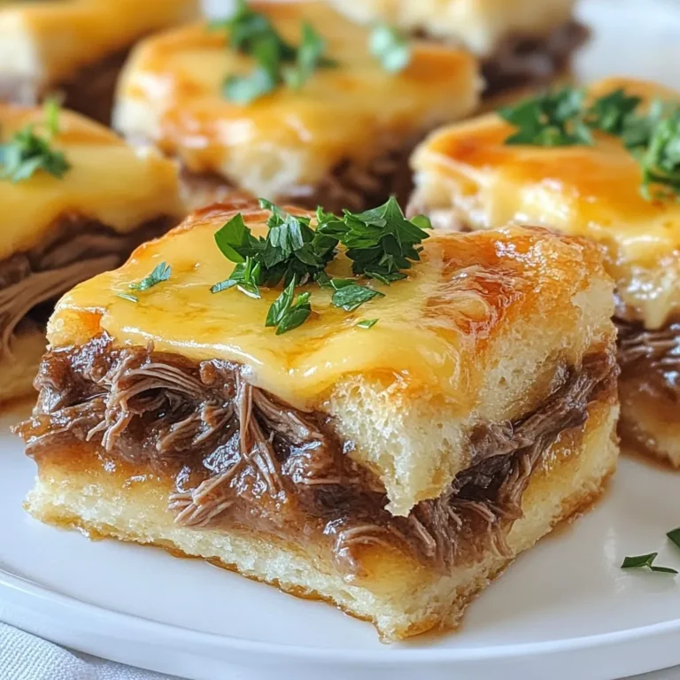 - 1 lb beef roast, cooked and shredded - 1 cup beef broth - 1 cup shredded Swiss cheese - 1 cup all-purpose flour - 1/2 cup milk - 1 tsp garlic powder - 1 tsp onion powder - 1/2 tsp black pepper - 1/4 tsp salt - 1/2 tsp dried thyme - 1 tablespoon olive oil - Fresh parsley, for garnish (optional) Gather all your ingredients before you start cooking. This makes the process smooth and fun. First, you need a beef roast, cooked and shredded. The beef roast gives your squares a hearty base. Next, grab beef broth to add flavor. The broth soaks into the beef and keeps it moist. Shredded Swiss cheese will melt beautifully on top, making each bite creamy. You will also need all-purpose flour and milk. These two form the batter that holds everything together. For seasonings, use garlic powder and onion powder. They add depth to the flavor. Black pepper and salt bring out the taste. Dried thyme gives a hint of earthiness. A tablespoon of olive oil helps with moisture and adds richness. If you want a pop of color, consider fresh parsley for garnish. It makes your dish look pretty and adds a fresh note. {{ingredient_image_2}} - Preheat oven to 375°F (190°C). - Prepare a 9x9 inch baking dish by greasing it or lining with parchment paper. - Combine 1 cup of all-purpose flour, 1 tsp garlic powder, 1 tsp onion powder, 1/2 tsp black pepper, 1/4 tsp salt, and 1/2 tsp dried thyme in a bowl. - In another bowl, whisk together 2 large eggs and 1/2 cup milk until smooth. - Pour the egg and milk mixture into the dry ingredients. Stir until you have a smooth batter. - Spread the batter evenly in the prepared baking dish. - Layer 1 lb of shredded beef evenly on top of the batter. - Pour 1 cup of beef broth over the beef to soak it well. - Top with 1 cup of shredded Swiss cheese, evenly covering the beef. - Bake in the preheated oven for 25-30 minutes. - Check for doneness when the edges are golden brown and the center feels firm. To make tasty French Dip Squares, you must distribute your ingredients evenly. This means spreading the batter well in the dish. When you add the beef, cover the batter completely. This ensures every bite is flavorful. For golden brown edges, keep an eye on the baking time. Bake at 375°F (190°C) for 25 to 30 minutes. You want the edges to be firm and golden. If they look pale, give them a few extra minutes. Cutting your squares is easy if you wait a bit. Let them cool for 5 to 10 minutes after baking. This helps them set. Use a sharp knife for clean cuts. This way, you get nice, neat squares. Garnish with fresh parsley for a pop of color. Just chop it finely and sprinkle it on top. This makes your dish look more inviting and adds some fresh flavor. Using leftover beef broth makes a great dip. Just pour it into a small bowl for serving. The warm broth adds flavor and moisture to your squares. You can also try other sauces for dipping. Barbecue sauce or horseradish sauce adds a fun twist. These options enhance the taste and make the meal more exciting. Pro Tips Use Leftover Roast: If you have leftover roast beef, this recipe is a fantastic way to repurpose it while adding flavor and texture. Experiment with Cheeses: Feel free to swap out Swiss cheese for other varieties like provolone or cheddar for a different flavor profile. Season the Broth: Add herbs or spices to the beef broth for an extra layer of flavor. Consider Worcestershire sauce or a dash of hot sauce for a kick. Let It Rest: Allowing the squares to cool for a few minutes after baking helps them set, making them easier to cut and serve. {{image_4}} You can switch up the beef in French Dip Squares. Try using brisket for more flavor. Flank steak also works well; it cooks quickly and adds a nice texture. If you want a lighter option, pork can be a great choice. Pulled pork gives a sweet and smoky taste. Chicken is another option; shredded rotisserie chicken can save time and still taste good. Just make sure to adjust the cooking time if you use a different meat. Swiss cheese is classic, but you can mix it up. Provolone melts well and adds a nice bite. For a sharper flavor, try cheddar. A blend of cheeses can also work nicely. Mixing mozzarella with a tangy cheese creates a rich layer of taste. If you want something unique, consider adding goat cheese or blue cheese for extra zing. These changes can take your French Dip Squares to new heights. Looking for a healthier version? Use whole wheat flour instead of all-purpose flour. This adds fiber and nutrients. You can also cut down on cheese. Use less cheese or choose low-fat options. If you want a lighter dish, add more veggies like spinach or bell peppers. These swaps keep the dish tasty while making it a bit healthier. To keep your French Dip Squares fresh, allow them to cool completely first. Place the squares in an airtight container. This helps block moisture and keeps them tasty. You can also use plastic wrap for extra protection. Store them in the fridge for up to three days. To reheat, the best method is the oven. Preheat it to 350°F (175°C). Place the squares on a baking sheet and cover them with foil. This keeps the squares moist. Heat for about 10-15 minutes. You can also use a microwave, but be careful not to dry them out. Heat on low power for 30 seconds at a time. If you want to store them longer, freezing works great. Wrap each square tightly in plastic wrap, then in foil. This prevents freezer burn. You can freeze them for up to three months. To thaw, place them in the fridge overnight. Reheat in the oven or microwave as mentioned before for the best results. Yes, you can make French Dip Squares ahead of time. To do this, prepare the squares as directed, then let them cool completely. Store them in an airtight container in the fridge for up to three days. When you're ready to serve, reheat them in the oven at 350°F (175°C) for about 10-15 minutes. This keeps them warm and tasty. If you want to skip beef broth, there are good alternatives. You can use vegetable broth for a lighter flavor. Chicken broth is also a great choice. Both will still add a nice taste to your French Dip Squares. To make French Dip Squares gluten-free, swap the all-purpose flour with a gluten-free flour blend. Ensure the blend you choose is good for baking. You may also need to adjust the liquid slightly. This way, you can enjoy the same great taste without gluten. This recipe for French Dip Squares combines juicy beef with warm, cheesy goodness. You learned about key ingredients like cooked beef roast and Swiss cheese, plus how to bake the dish perfectly. I covered tips for storage and serving options to enhance your meal. Remember, you can customize with different meats or cheeses. Enjoy experimenting and make this dish your own. Happy cooking!