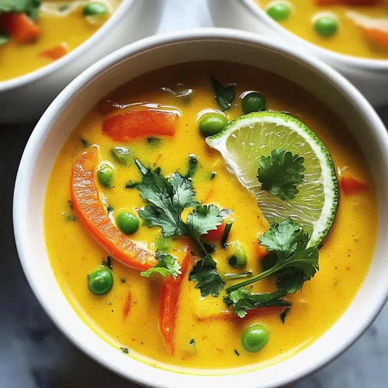 To make Addictive Coconut Curry Soup, gather these key ingredients: - 1 tablespoon coconut oil - 1 medium onion, diced - 3 cloves garlic, minced - 1 tablespoon fresh ginger, grated - 2 tablespoons red curry paste - 1 can (400ml) coconut milk - 3 cups vegetable broth - 2 medium carrots, sliced into thin rounds - 1 red bell pepper, sliced into strips - 1 cup snap peas, trimmed - 1 tablespoon soy sauce - 1 tablespoon freshly squeezed lime juice - Salt and pepper to taste - Fresh cilantro leaves, for garnish - Lime wedges, for serving These ingredients work together to create a rich and creamy soup. The coconut oil starts the cooking process with a delightful base. Onion, garlic, and ginger bring warmth and depth of flavor. Red curry paste adds a spicy kick, making your taste buds dance. Coconut milk provides a silky texture, while vegetable broth offers a savory foundation. The carrots, red bell pepper, and snap peas contribute color and crunch. Lastly, soy sauce and lime juice add umami and brightness. You can adjust the seasoning to fit your taste. Use salt and pepper to make it just right. Fresh cilantro and lime wedges elevate the presentation and flavor. Enjoy this simple yet flavorful soup! {{ingredient_image_2}} 1. Sautéing onion, garlic, and ginger Start by melting the coconut oil in a large pot over medium heat. Add the diced onion. Sauté it for about five minutes. You want the onion to become soft and clear. Next, add the minced garlic and grated ginger. Stir them in and cook for one to two minutes. The mix should smell nice and warm. 2. Adding curry paste for flavor Next, introduce the red curry paste. Stir well to coat the onion mix. Cook this for another minute. This step is key for getting that deep flavor. 3. Mixing in coconut milk and broth Slowly pour in the coconut milk and vegetable broth. Stir continuously to blend everything. This creates a smooth and creamy base for your soup. 1. Incorporating vegetables and simmering Turn the heat up a bit and bring the mix to a gentle simmer. Once it starts bubbling, add the sliced carrots and red bell pepper. Cook these for about ten minutes. Check that they are fork-tender, meaning they should be soft but still hold shape. 2. Final seasoning adjustments Now stir in the snap peas and cook for another three to four minutes. They should be bright green and tender-crisp. After that, add the soy sauce and fresh lime juice. Taste your soup and adjust the salt and pepper as needed. 3. Cooling and preparing for serving Once done, remove the pot from the heat. Let the soup cool for a few minutes before serving. This helps the flavors settle and makes it easier to enjoy. Serve the soup in deep bowls. Top it with fresh cilantro leaves and a lime wedge. Enjoy your delicious creation! To make your coconut curry soup even better, focus on the spice levels. You can adjust the heat by adding more or less red curry paste. Start with one tablespoon for a mild flavor. If you like it spicier, add more paste. Taste as you go to find your perfect level. Fresh herbs add a great aroma. I love using cilantro. Chop it finely and sprinkle it on top just before serving. You can use basil or mint too for a fresh twist. They bring a bright flavor that lifts the soup. Serving this soup can be fun and creative. Use deep bowls to show off the vibrant colors. Add a handful of fresh cilantro leaves on top for a pop of green. A wedge of lime on the side not only looks nice, but it adds a zesty kick when you squeeze it in. For sides, steamed rice pairs well with this soup. It soaks up the rich broth. If you prefer bread, a slice of crusty bread complements the soup perfectly. It makes for a hearty meal that is sure to please everyone at the table. Pro Tips Use Fresh Ingredients: Fresh vegetables and herbs will enhance the flavor profile of your soup, making it more vibrant and delicious. Adjust Spice Levels: If you like your soup spicier, feel free to add more red curry paste or a pinch of chili flakes to suit your taste. Creamy Texture: For an extra creamy texture, blend a portion of the soup and then stir it back in before serving. Garnish for Flavor: Don't skip the fresh cilantro and lime wedges; they add a burst of flavor and elevate the dish significantly. {{image_4}} You can change the vegetables in this soup to match your tastes. Here are some great options: - Broccoli: Adds a nice crunch. - Zucchini: Soft and mild, it blends well. - Spinach: Stir it in at the end for extra greens. - Mushrooms: They give a meaty texture and rich flavor. You can also add protein to make this dish heartier. Here are some ideas: - Tofu: Use firm or extra-firm tofu. Cube it and sauté with onions. - Chicken: Cook diced chicken breast until golden before adding to the soup. - Shrimp: Add raw shrimp near the end for a quick cook. You can change the taste by using different curry pastes. Here are some options: - Green curry paste: Gives a fresher and spicier flavor. - Massaman curry paste: Adds warmth and depth with spices. - Yellow curry paste: Milder and slightly sweet, perfect for kids. Try adding extra seasonings and herbs to boost flavor: - Lemongrass: Adds a bright, citrusy note. - Basil: Fresh Thai basil gives a sweet fragrance. - Cilantro: Use more for a punch of freshness. These swaps and additions let you make this soup your own! Enjoy experimenting. To keep your Addictive Coconut Curry Soup fresh, store it in the fridge. Use an airtight container. This helps keep the soup tasty for up to three days. If you want to save it longer, consider freezing it. Pour the cooled soup into freezer-safe bags. Remove as much air as possible to prevent freezer burn. You can freeze the soup for up to three months. When you’re ready to eat, let it thaw in the fridge overnight. When reheating your soup, you want to keep the flavors intact. The best method is to use the stove. Pour the soup into a pot and heat it over low to medium heat. Stir occasionally to avoid sticking. This helps maintain the creamy texture. If you’re in a hurry, you can use a microwave. Place the soup in a microwave-safe bowl and cover it. Heat it in short bursts, stirring in between. This ensures even heating without overcooking. Enjoy your delicious soup again! How can I make this soup vegan? To make this soup vegan, start by using vegetable broth. The coconut milk is already vegan, so you are good there. Ensure the red curry paste does not contain fish sauce or shrimp paste. You can check the label for these ingredients. Swap soy sauce for tamari, which is also vegan. Can I substitute coconut milk with another ingredient? Yes, you can use almond milk, soy milk, or oat milk. However, these options may change the flavor and richness. Coconut milk gives the soup its creamy and tropical taste. If you prefer a lighter soup, choose one of the alternatives. What to serve with Addictive Coconut Curry Soup? This soup pairs well with rice. You can use jasmine or basmati rice for a nice touch. Crusty bread also complements the soup. For a complete meal, add a fresh salad on the side. What to do if the soup is too spicy? If your soup is too spicy, add more coconut milk. This will help cool down the heat. You can also add some sugar to balance the spice. Another option is to include more vegetables or broth to dilute the spiciness. How to thicken the soup if needed? To thicken your soup, you can add a cornstarch slurry. Mix one tablespoon of cornstarch with two tablespoons of cold water. Stir this mixture into the soup and let it simmer for a few minutes. You can also blend some of the soup to create a creamier texture. This blog post covers the essentials of making Addictive Coconut Curry Soup. We started with key ingredients like coconut oil, spices, and fresh vegetables. Then, I outlined step-by-step instructions for preparation and cooking. Lastly, I provided tips for enhancing flavor and presentation, along with variations and storage info. You can easily customize this soup to suit your taste. Experiment with different vegetables and proteins. Enjoy every spoonful of this delightful dish. Your cooking adventure awaits!