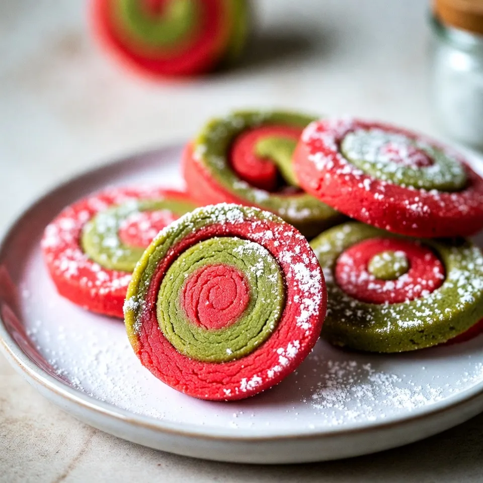 To make Christmas pinwheel cookies, you need these simple ingredients: - 2 ¾ cups all-purpose flour - 1 teaspoon baking powder - ½ teaspoon salt - 1 cup unsalted butter, softened - 1 cup granulated sugar - 1 large egg - 1 teaspoon vanilla extract - 1 teaspoon almond extract - ½ cup red food coloring - ½ cup green food coloring - ½ cup powdered sugar (for dusting) These ingredients create a sweet and colorful cookie that brightens any holiday table. The all-purpose flour gives the cookies structure, while the butter adds richness. Granulated sugar offers sweetness, and the egg binds everything together. Vanilla and almond extracts provide lovely flavor notes. The vibrant red and green food coloring is what makes these cookies festive. You can also dust them with powdered sugar for a snowy finish. Each ingredient plays a key role in making these cookies not just tasty, but also fun to look at! {{ingredient_image_2}} 1. Start by whisking together the flour, baking powder, and salt in a medium bowl. Mix well and set it aside. 2. In a large bowl, cream together the softened butter and granulated sugar using an electric mixer. Beat until the mix is light and fluffy, about 3-4 minutes. 3. Add the egg, vanilla extract, and almond extract to the butter-sugar mix. Mix on low speed until fully combined. 4. Gradually add the dry mix to the wet mix. Stir on low speed until just combined. Be careful not to overmix. 5. Divide the dough into two equal balls. Leave one ball plain and color the other with red food coloring. Mix well. 6. Take the plain dough and add green food coloring. Mix until the color is evenly spread. 1. Lay out two sheets of parchment paper on your workspace. Place each colored dough on separate sheets. 2. Roll each dough into a rectangle about ¼ inch thick using a rolling pin. 3. Carefully peel off the top layer of parchment from the red dough. Place the uncolored dough on top, then set the parchment back down. 4. Start rolling the dough from one end to form a tight log. Wrap the log in parchment paper. Chill it in the fridge for at least 2 hours. 1. Preheat your oven to 350°F (175°C). Line a baking sheet with parchment paper. 2. After chilling, take the dough out of the fridge. Use a sharp knife to slice the log into rounds about ¼ inch thick. 3. Place the cookie slices on the baking sheet, leaving space between each. 4. Bake for 8-10 minutes, or until the edges are lightly golden. Keep an eye on them to avoid over-baking. 5. Let the cookies cool on the baking sheet for 5 minutes, then move them to a wire rack to cool completely. Chilling your dough is key. It helps the cookies hold their shape. If you skip this step, your cookies may spread too much. Wrap the dough tightly and chill it for at least 2 hours. For the best taste, chill it overnight. Avoid overmixing your dough. When you mix too much, the cookies can become tough. Mix just until you see no flour. This keeps them soft and chewy. Dust your cookies with powdered sugar before serving. This adds a lovely touch and makes them look festive. Use a small sieve for an even coat. For a fun presentation, serve the cookies on a bright platter. Add small sprigs of evergreen or candy canes around them. This makes your table look cheerful and inviting. Pro Tips Chill Time is Key: Allowing the dough to chill for at least 2 hours helps to firm it up, making it easier to slice into perfect rounds. Use Parchment Paper: Rolling the dough between parchment sheets prevents sticking and makes it easier to transfer the rolled log to the refrigerator. Watch the Oven: Keep an eye on the cookies while they bake; they can go from perfectly golden to overbaked quickly. Festive Presentation: Dust the cookies with powdered sugar just before serving for an extra festive appearance and sweetness. {{image_4}} You can make Christmas Pinwheel Cookies even more fun. Adding spices like cinnamon or nutmeg gives a warm taste. Mix in about a teaspoon of either spice into your dough. It adds depth and a cozy feel to your cookies. Using different food colors can also change the look. You can create blue and silver cookies for a winter theme. Just swap the red and green for blue food coloring. You can also create swirls by mixing colors together. This makes each cookie unique! If you need gluten-free options, use gluten-free flour. You can find blends that work well in cookies. Just replace the all-purpose flour with an equal amount of gluten-free flour. For vegan substitutes, swap the butter for vegan butter. Use a flax egg to replace the large egg. To make a flax egg, mix one tablespoon of ground flaxseed with three tablespoons of water. Let it sit for five minutes to thicken. This keeps your cookies plant-based and tasty! To keep your Christmas pinwheel cookies fresh, store them at room temperature. - Use an airtight container. - Place parchment paper between layers of cookies to avoid sticking. - Keep them in a cool, dry place. You can also freeze cookies for longer storage. - Wrap each cookie in plastic wrap. - Place wrapped cookies in a freezer bag or airtight container. - They can last up to three months in the freezer. For the best taste, eat your cookies within one week. - Store them in their container at room temperature. - Check for freshness by feeling their softness. Signs that cookies have gone stale include: - A dry or hard texture. - Loss of flavor or scent. - Unpleasant odors. Stay on top of your cookie storage to enjoy them longer! Yes, you can make the dough ahead of time. Prepare the dough and chill it as directed. Then, wrap it tightly in plastic wrap. Store it in the fridge for up to 3 days. You can also freeze it for longer storage. Just remember to thaw it in the fridge before rolling and baking. To stop cookies from spreading, chill the dough well before baking. Chilling firms up the butter, which helps keep the shape. Use parchment paper on the baking sheet for easy removal. Also, make sure not to overwork the dough, as this can lead to extra spreading. You can use any color food coloring you like! Try blue for winter or yellow for spring. You can even mix colors for fun patterns. Be creative and use natural colors like beet juice or matcha for different shades. Yes, you can use margarine instead of butter. However, the taste and texture may change slightly. Choose a stick margarine for best results. Softened margarine should blend well with sugar, just like butter. Creating pinwheel cookies is fun and easy. We covered all the steps, from mixing dough to rolling it. You learned how to make colorful cookies and store them for later. Remember, chilling the dough is key for the best results. Try adding spices or different colors for a twist. With these tips, your cookies will impress everyone. Enjoy baking and sharing your tasty creations!
