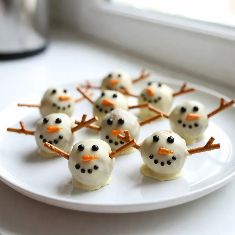 - 8 oz cream cheese - 2 cups powdered sugar - 1 cup crushed vanilla wafers - 1 cup mini chocolate chips - 1 teaspoon pure vanilla extract - 1 cup white chocolate chips - Edible orange glitter or candy corn pieces for noses - Miniature pretzels for arms - Black icing or small chocolate dots for eyes and buttons To make these no-bake snowman truffles, gather your ingredients first. Start with softened cream cheese. It should be easy to mix. Next, add powdered sugar for sweetness. This gives a nice, creamy texture. Crushed vanilla wafers add crunch and flavor. Mini chocolate chips give extra sweetness. You can also add a teaspoon of pure vanilla extract. This will make the truffles taste even better. For the snowman look, you’ll need white chocolate chips. Melt these to coat the truffles. Edible orange glitter or candy corn pieces make cute noses. Use miniature pretzels for the arms, and black icing or small chocolate dots to create eyes and buttons. Having all the ingredients ready makes the process smooth. You will enjoy making these fun treats! {{ingredient_image_2}} To start, grab a large mixing bowl. Add 8 ounces of softened cream cheese and 2 cups of powdered sugar. Mix them well until smooth. You can use an electric mixer or a spatula. Make sure there are no lumps. Next, add 1 cup of crushed vanilla wafers and 1 cup of mini chocolate chips. Don’t forget 1 teaspoon of pure vanilla extract. Stir everything together until it blends nicely and looks even. Now, it's time to shape your truffles. With clean hands, scoop out portions of the mixture. Roll them into balls that are about 1 inch wide. This recipe will give you around 15 to 20 truffles. Place each truffle on a baking sheet lined with parchment paper. After forming all the truffles, cover the sheet with plastic wrap. Chill them in the fridge for about 30 minutes. This helps them firm up nicely. While the truffles chill, you can prepare the coating. In a microwave-safe bowl, melt 1 cup of white chocolate chips. Do this in 30-second intervals. Stir between each interval until it's completely smooth. Be careful not to overheat it. Once melted, take the truffles out of the fridge. Use a fork or dipping tool to dip each truffle into the white chocolate. Make sure they are fully coated. Let any extra chocolate drip back into the bowl before placing them back on the baking sheet. After dipping, take 2 miniature pretzels and gently insert them into the sides of each truffle for arms. Use black icing or small chocolate dots for their eyes and buttons. For noses, sprinkle some edible orange glitter or use a piece of candy corn. Finally, let the truffles sit at room temperature until the chocolate sets. You can also put them back in the fridge for 15 minutes if you want to speed up the process. Enjoy your festive treats! To make your truffles smooth, start with room-temperature cream cheese. Mix it well with powdered sugar until there are no lumps. This step is key for a creamy texture. When adding the crushed vanilla wafers and mini chocolate chips, stir gently. This keeps the mixture light and fluffy. For melting white chocolate, use a microwave-safe bowl. Heat the chocolate in 30-second intervals. Stir after each interval to check the texture. Stop when the chocolate is almost melted. This prevents it from burning. Let residual heat finish the melting process. For eyes and buttons, use black icing or small chocolate dots. These add personality to your snowman. You can also use mini chocolate chips for a fun twist. For noses, edible orange glitter gives a sparkly touch. Candy corn pieces work well too and add crunch. These small details make your truffles look festive and fun! Pro Tips Chill the Mixture: For more manageable handling, refrigerate the cream cheese mixture for about 10 minutes before rolling into balls, making it easier to shape. Use Quality Chocolate: Opt for high-quality white chocolate for coating, as it melts smoother and provides a better flavor to your truffles. Experiment with Decorations: Feel free to get creative with decorations! Use different candies or sprinkles for unique snowman designs that suit your style. Storage Tips: Store any leftover truffles in an airtight container in the refrigerator for up to a week, ensuring they stay fresh and delicious. {{image_4}} You can make snowman truffles even more fun by adding flavor twists. One simple way is to mix in peppermint extract. Just a half teaspoon will give your truffles a fresh, minty taste. This is perfect for the holiday season and adds a festive twist. Another way to change things up is by using different flavored chips. Instead of mini chocolate chips, try using butterscotch or peanut butter chips. These flavors can mix well with the cream cheese and vanilla wafers. You can even combine flavors for a tasty surprise! If you need gluten-free options, swap the crushed vanilla wafers for gluten-free cookies. Many brands offer gluten-free vanilla wafers, so you can still enjoy the same texture and flavor. For those who follow a vegan diet, you can find a few alternatives for cream cheese. Look for vegan cream cheese at your local store. It works similar to regular cream cheese in this recipe. Just make sure to check the label for the right consistency and flavor. With these variations, you can make snowman truffles that fit everyone’s tastes and dietary needs! Store your snowman truffles in the fridge. Use an airtight container to keep them fresh. Place a layer of parchment paper between truffles to avoid sticking. If you want to save some for later, you can freeze them. Just let them cool completely before freezing. Wrap each truffle in plastic wrap. Then, place them in a freezer-safe bag. This way, they stay fresh for a long time. Snowman truffles last about one week in the fridge. You can keep them in the freezer for up to three months. Look for signs of spoilage to ensure they are still good. If you see any off smells or a change in texture, it’s best to throw them away. Always check before enjoying your treats! Can I make these truffles ahead of time? Yes, you can make these truffles a day or two in advance. Just store them in the fridge until you are ready to serve. This helps the flavors meld together, making them even tastier. How do I keep the truffles from melting? To keep the truffles from melting, always store them in a cool place. If it’s warm, use the fridge. Just remember to let them sit out for a few minutes before serving, so they are easier to enjoy. What can I use instead of white chocolate chips? If you don’t have white chocolate chips, use almond bark or yogurt-coated candies. Both options work well and still provide a nice coating. You can even try dark chocolate for a fun twist! You learned how to make fun snowman truffles with simple steps. From mixing ingredients to adding decorations, this treat is easy and enjoyable. Remember to store them properly to keep them fresh. You can tweak flavors and make adjustments for diets, too. Get creative with your designs and enjoy making these cozy snacks. Now, it’s time to roll up your sleeves and start creating your own delicious snowman truffles!