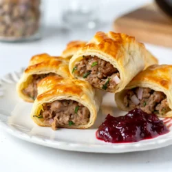 - 1 pound (450g) sausage meat - 1 sheet of puff pastry - 1 small onion, finely chopped - 1 clove garlic, minced - 1 teaspoon dried sage - 1 teaspoon dried thyme - 1 tablespoon cranberry sauce - 1 egg, beaten - Salt and pepper to taste - Flour, for dusting These main ingredients create a tasty filling for your sausage rolls. The mix of pork and apple adds a nice sweetness. The onion and garlic give it a warm flavor. The dried herbs, sage, and thyme, add depth. The cranberry sauce brings a festive hint that pairs well with the meat. - Chopped fresh herbs (like parsley or rosemary) - A dash of Worcestershire sauce - Grated cheese (like cheddar) - Chopped nuts (like walnuts or chestnuts) You can customize your sausage rolls with these add-ins. Fresh herbs brighten the flavor. Worcestershire sauce adds a savory note. Grated cheese gives richness, and nuts add crunch. These options let you make the recipe your own. - Mixing bowl - Sharp knife or pastry cutter - Rolling pin - Baking sheet - Parchment paper - Pastry brush Having the right tools makes cooking easier. A mixing bowl helps combine the filling well. A sharp knife or pastry cutter cuts the puff pastry neatly. A rolling pin helps you roll the pastry to the right thickness. The baking sheet lined with parchment ensures easy cleanup. A pastry brush is great for applying the egg wash for a shiny finish. {{ingredient_image_2}} To start, gather your ingredients. You need sausage meat, onion, garlic, sage, thyme, cranberry sauce, salt, and pepper. In a big bowl, mix the sausage meat with the chopped onion and minced garlic. Add the dried sage, dried thyme, and cranberry sauce. Season with salt and pepper. Use your hands to mix it well. Make sure everything is combined evenly. This mixture gives the rolls a tasty flavor. Next, take your thawed puff pastry. Dust your work surface lightly with flour. Roll out the pastry until it's about 1/8 inch thick. Make sure it is even. Using a sharp knife, cut the pastry into rectangles. Aim for pieces that are about 4 inches by 6 inches. This size will help hold the sausage mixture well. Now, it&rsquo;s time to fill the pastry. Spoon the sausage mixture along one long edge of each rectangle. Spread it out evenly. Carefully roll the pastry over the filling to form a log shape. Press the edges to seal them. Place the rolls seam-side down on a lined baking sheet. Brush the tops with the beaten egg for a nice shine. Cut small slits in the tops to let steam escape. Bake in a preheated oven at 400&deg;F for 20-25 minutes. Look for a golden brown color on the pastry. Once done, let them cool slightly before serving. Enjoy the festive flavors! To get that perfectly crispy puff pastry, follow these steps: - Thaw properly: Always let your puff pastry thaw in the fridge, not on the counter. - Keep it cold: Work quickly to keep the pastry cold. Warm dough won&rsquo;t puff well. - Dust lightly: Use just enough flour on your surface to prevent sticking. Too much flour can make the pastry dense. Rolling your pastry right is key. Here&rsquo;s how: - Use a gentle touch: Don&rsquo;t press too hard. Roll it out evenly. - Roll to the right thickness: Aim for about 1/8 inch thick. This thickness gives you great puff. - Cut evenly: Slice your pastry into equal rectangles for even baking. To get that beautiful golden color, do the following: - Egg wash: Brush the tops of the rolls with beaten egg. This gives them a nice shine. - Vent the rolls: Cut small slits on top. This allows steam to escape and helps browning. - Watch the oven: Keep an eye on them as they bake. They should be golden brown in about 20-25 minutes. These tips will help you create Christmas sausage rolls that are not just tasty but also look amazing on your festive table! Pro Tips Chill the Pastry: Before rolling out, chill the puff pastry in the fridge for about 15 minutes. This helps it maintain its shape and puff up beautifully while baking. Flavor Boost: Enhance the flavor by adding a pinch of nutmeg or a dash of Worcestershire sauce to the sausage mixture for a more complex taste profile. Perfect Sealing: Ensure the edges of the pastry are well-sealed by using a fork to crimp them after rolling. This prevents any filling from escaping during baking. Customize Your Filling: Feel free to mix in other ingredients like diced apples, cranberries, or even cheese to personalize your sausage rolls and make them uniquely yours. {{image_4}} Cranberries add a sweet and tart flavor to sausage rolls. This bright touch makes them festive. To make this variation, mix a tablespoon of cranberry sauce into the sausage meat. This adds moisture and a burst of flavor. You can also sprinkle dried cranberries into the mix for extra texture. The result is a rich blend, perfect for holiday parties. Nuts can give your sausage rolls an extra crunch. Chestnuts or walnuts work well in this recipe. Chop the nuts finely and blend them into the sausage mixture. About half a cup of chopped nuts balances the flavors nicely. They add a unique taste and a lovely texture, making each bite special. You can still enjoy sausage rolls without meat. Use plant-based sausage or lentils for a hearty filling. Combine lentils with spices like sage and thyme for flavor. You can also add mushrooms for an earthy taste. Wrap the mixture in puff pastry as you would with meat. This way, everyone can enjoy delicious rolls at your holiday feast. You can store unbaked sausage rolls in the fridge. Wrap them tightly in plastic wrap. This helps keep them fresh for up to 24 hours. If you need to keep them longer, freezing is the best option. To freeze unbaked sausage rolls, lay them on a tray. Make sure they are not touching each other. Freeze them until solid. Then, transfer them to a freezer bag. They will last for up to three months. When ready to bake, you don&rsquo;t need to thaw them. Just bake them straight from the freezer. If you have leftover sausage rolls, store them in an airtight container. They can stay fresh in the fridge for about three days. To reheat, preheat your oven to 350&deg;F (175&deg;C). Place the sausage rolls on a baking sheet. Heat them for about 10-15 minutes or until warm. This keeps the pastry crisp and delicious. Yes, you can make sausage rolls ahead of time. Prepare the rolls and place them on a baking sheet. Cover them with plastic wrap and store them in the fridge for up to 24 hours. When you're ready to bake, just brush them with egg wash and pop them in the oven. You can also freeze unbaked rolls. Wrap them tightly and store them for up to three months. Bake them straight from the freezer, but add a few extra minutes to the cooking time. You can serve sausage rolls with a variety of tasty sides. Here are some ideas: - A small bowl of cranberry sauce for dipping - Fresh herbs like parsley or thyme for garnish - A light salad with mixed greens and a tangy dressing - Cheese platters with crackers and fruits - Warm, spiced apple cider or festive cocktails These sides will enhance the flavors and make your party feel special. To check if your sausage rolls are done, look for a few key signs: - The pastry should be golden brown and puffed up. - When you tap the bottom, it should sound hollow. - If you use a meat thermometer, the internal temperature should reach 160&deg;F (70&deg;C). Let them cool slightly before serving, as they will be hot inside. This way, you'll have perfect sausage rolls ready for your festive gathering! You&rsquo;ve learned how to make festive sausage rolls, from the key ingredients to tasty variations. Remember to keep your puff pastry crispy and golden for the best results. Explore different add-ins like cranberries or nuts to match your taste. If you prepare ahead, you can store and reheat with ease. Enjoy creating these delicious treats for your holiday gatherings. Happy cooking!