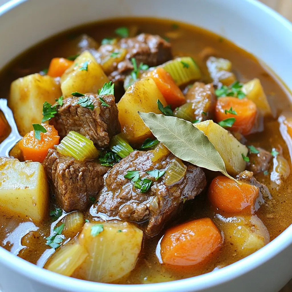 - 2 pounds beef chuck, cut into 1-inch cubes - 4 medium carrots, sliced into rounds - 3 medium potatoes, peeled and diced - 2 stalks celery, chopped into bite-sized pieces - 1 medium onion, diced - 3 cloves garlic, minced - 4 cups beef broth (low sodium recommended) - 2 tablespoons tomato paste - 1 teaspoon dried thyme - 1 teaspoon dried rosemary - Salt and pepper to taste - 2 tablespoons olive oil - 1 tablespoon Worcestershire sauce - 1 bay leaf - Fresh parsley, chopped (for garnish) 1. Beef Chuck: Use 2 pounds. Cut into 1-inch cubes. This cut has great flavor and tenderness. 2. Carrots: Get 4 medium. Slice them into rounds. They add sweetness and color. 3. Potatoes: Use 3 medium. Peel and dice them. They help thicken the stew. 4. Celery: Take 2 stalks. Chop into bite-sized pieces. Celery adds a nice crunch and depth. 5. Onion: Use 1 medium onion. Dice it. Onions bring sweetness and aroma. 6. Garlic: Use 3 cloves. Mince well. Garlic gives a wonderful flavor boost. 7. Beef Broth: Use 4 cups. Low sodium is best. It adds liquid and richness. 8. Tomato Paste: Use 2 tablespoons. It enhances the stew’s flavor and color. 9. Dried Thyme: Use 1 teaspoon. Thyme adds an earthy note. 10. Dried Rosemary: Use 1 teaspoon. Rosemary brings a fragrant touch. 11. Salt and Pepper: Adjust to taste. These are key for balancing flavors. 12. Olive Oil: Use 2 tablespoons for searing the beef. It helps create a nice crust. 13. Worcestershire Sauce: Use 1 tablespoon. It adds a savory depth to the stew. 14. Bay Leaf: Add 1 bay leaf. It infuses a subtle flavor during cooking. 15. Fresh Parsley: Use for garnish. It adds a pop of color and freshness. - Beef: For beef stew, choose chuck roast. It has good marbling and breaks down well. - Vegetables: Pick firm carrots and potatoes without bruises or soft spots. Fresh veggies taste better. - Herbs: Opt for dried herbs that smell strong. This means they are fresh and flavorful. - Broth: Use low-sodium broth to control salt levels. You can always add salt later. - Organic Options: If possible, select organic vegetables. They often taste better and are healthier. {{ingredient_image_2}} Searing the beef is a key step. It locks in juices and adds great taste. Start by heating olive oil in a large skillet over medium-high heat. Season your beef cubes with salt and pepper. Cook the beef in batches if needed. Sear each piece for 5-7 minutes until brown on all sides. Once done, move the beef to your slow cooker. This step boosts the stew's flavor. Next, let's sauté the veggies. In the same skillet, add your diced onions and minced garlic. Cook them for about 3-5 minutes. You want the onions to be soft and fragrant. This adds depth to your stew. The sautéing process brings out the natural sweetness of the onions and garlic. After sautéing, transfer them to the slow cooker with the beef. Now it's time to combine everything. Layer the sautéed onions and garlic over the beef. Then, add the sliced carrots, diced potatoes, and chopped celery. These veggies bring color and nutrition. Pour in the beef broth, covering the ingredients. Add the tomato paste, Worcestershire sauce, thyme, and rosemary. Stir gently to mix everything well. Finally, drop in the bay leaf. This adds a hint of aromatic flavor. Your stew is now ready to cook in the slow cooker! To boost flavor, always use fresh herbs. Fresh thyme and rosemary can make a big difference. You can also add a splash of red wine. Just a cup can deepen the taste. Don't forget to season well with salt and pepper throughout the cooking. This helps layers of flavor shine through. Slow cookers can vary quite a bit. Some cook faster than others. If your slow cooker runs hot, check your stew in about four hours on high. For cooler models, you may need the full cooking time. If the beef is not fork-tender, let it cook longer. Always check the doneness before serving. Browning the beef is key for taste. It adds a rich, savory crust that enhances the stew. This step creates a Maillard reaction. This reaction gives your beef a deep flavor. Plus, it adds color to your stew. It may take a few extra minutes, but it’s worth it for that great taste. Pro Tips Brown the Beef Well: Searing the beef until it’s well browned enhances the flavor of the stew. Don't rush this step; the caramelization adds depth to the dish. Use Fresh Herbs: If possible, substitute dried herbs with fresh ones. Fresh thyme or rosemary will elevate the aroma and taste of your stew significantly. Let it Rest: After cooking, let the stew sit for about 15-20 minutes before serving. This allows the flavors to meld together beautifully. Freeze for Later: This stew freezes well! If you have leftovers, store them in an airtight container and enjoy a warm meal at a later date. {{image_4}} You can make this beef stew healthier by swapping some ingredients. Try using lean beef, like sirloin or round. These cuts have less fat than chuck. You can also replace the beef broth with vegetable broth for a lighter taste. Adding more vegetables can boost nutrition too. Consider using sweet potatoes instead of regular potatoes. They add more fiber and vitamins. Feel free to mix in other veggies to suit your taste. You can add green beans, peas, or mushrooms for texture. These veggies not only add color but also flavor. If you want a heartier stew, add legumes like lentils or beans. They make the dish more filling and provide protein. Just remember to adjust the cooking time. You want everything to cook evenly and be tender. If you enjoy heat, spice it up! Add diced jalapeños or serrano peppers for a kick. You can also drizzle in some hot sauce. Start with a little and taste as you go. This way, you control the spice level. For a smoky flavor, try using chipotle peppers in adobo sauce. They add depth and a nice heat. Don’t forget to balance it with some sweetness, like a splash of honey. After you enjoy your hearty beef stew, store the leftovers right. First, let the stew cool down. Use airtight containers to keep it fresh. This helps prevent odors and keeps flavors intact. You can divide it into smaller portions. This makes it easy to heat later on. When you’re ready to enjoy the stew again, reheat it gently. You can use a pot on the stove or a microwave. On the stove, heat over medium until warm. Stir it often to keep it even. If using the microwave, heat in short bursts. Stir in between to avoid hot spots. Adding a splash of beef broth can help restore moisture. If you want to save stew for later, freezing is a great option. Portion the stew into freezer-safe bags or containers. Leave some space at the top for expansion. Label each bag with the date. This helps you keep track of freshness. When you’re ready to eat, thaw it in the fridge overnight. Then, reheat it as described above for a tasty meal. For slow cooker stew, I recommend using beef chuck. It has the right amount of fat and flavor. Chuck breaks down nicely during cooking, making it tender and juicy. You can also use brisket or round, but chuck is my top choice. Yes, you can cook beef stew on high in the slow cooker. It usually takes about 4-5 hours on high. This method works well if you're short on time. Just remember that cooking on low for 6-8 hours gives better flavor and tenderness. You can store Slow Cooker Beef Stew in the fridge for up to three days. Be sure to let it cool down before putting it in a container. Use airtight containers to keep it fresh. When ready to eat, reheat on the stove or microwave. Enjoy! In this post, we explored how to make a tasty slow cooker beef stew. We covered the important ingredients, cooking steps, and tips to boost flavor. I also shared variations to suit your taste and storage ideas for leftovers. Remember, the right beef and fresh veggies make all the difference. Use these tips next time to create a stew that's satisfying and full of flavor! Enjoy your cooking journey.