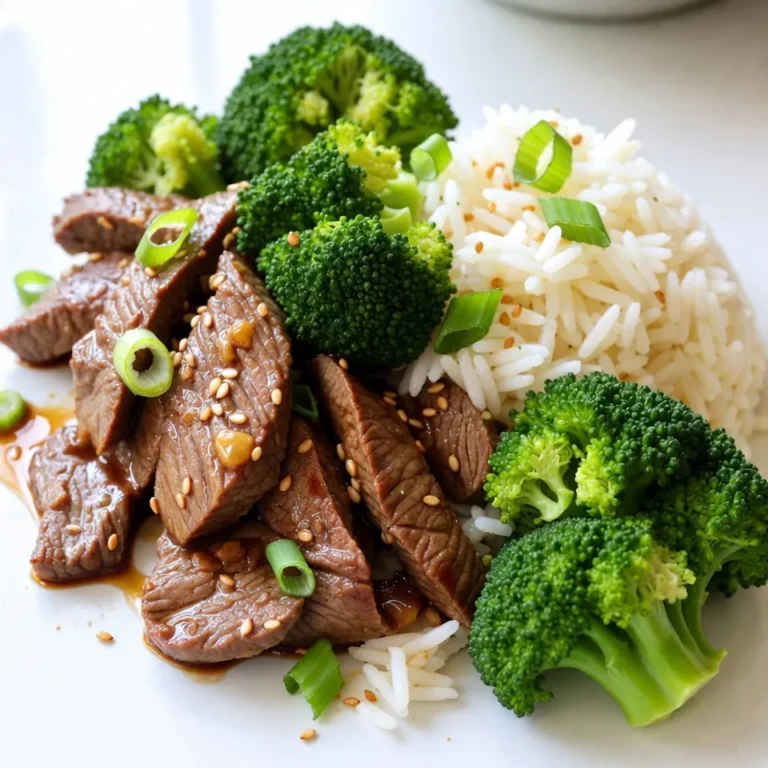 - 1 lb flank steak, thinly sliced against the grain - 3 cups broccoli florets - 2 tablespoons vegetable oil - 1 tablespoon sesame oil - 2 cloves garlic, minced - 1 inch ginger, freshly grated - 1/4 cup low-sodium soy sauce - 2 tablespoons oyster sauce - 1 tablespoon cornstarch - 1 teaspoon sugar - 1/4 cup beef broth (or water) - Salt and freshly ground black pepper to taste - Cooked white rice or noodles for serving You can swap flank steak for sirloin or ribeye. Chicken is also a good choice. For a lighter option, use tofu instead of meat. Vegetable oil can be replaced with canola oil or peanut oil. Instead of oyster sauce, try hoisin sauce for a sweeter taste. When selecting flank steak, look for bright red color and firm texture. It should have some fat for flavor. Choose broccoli with tight florets and deep green color. Avoid yellowing or wilting. Fresh garlic should feel firm and heavy, while ginger should be smooth and fragrant. These tips help ensure your dish tastes its best. {{ingredient_image_2}} Start by making the sauce. In a medium bowl, whisk together these ingredients: - 1/4 cup low-sodium soy sauce - 2 tablespoons oyster sauce - 1 tablespoon cornstarch - 1 teaspoon sugar - 1/4 cup beef broth (or water) Whisk until everything mixes well. This sauce adds great flavor to your dish, so set it aside for later. Now, heat a large skillet or wok over medium-high heat. Add 2 tablespoons of vegetable oil. Wait until the oil shimmers. Then, add 2 cloves of minced garlic and 1 inch of freshly grated ginger. Sauté for 30 seconds. You want it fragrant, but not burnt. Next, raise the heat to high and add the sliced flank steak in a single layer. Let it sear for 2-3 minutes without stirring. This helps it brown nicely. Flip the slices and brown for another 1-2 minutes. Once done, remove the steak from the skillet and keep it warm. In the same skillet, add 3 cups of broccoli florets. Pour in about 2 tablespoons of water and cover with a lid. This steams the broccoli for about 2-3 minutes. You want it bright green and tender-crisp. Now, return the seared beef to the skillet with the broccoli. Pour in the sauce you made earlier. Stir everything to coat the beef and broccoli well. Cook for another 2-3 minutes. The sauce should thicken and bubble. Finally, drizzle the dish with 1 tablespoon of sesame oil. Season with salt and freshly ground black pepper to taste. Stir once more to mix all the flavors. Your delicious beef and broccoli is now ready to serve over rice or noodles! To get the best beef, start with flank steak. Slice it thinly against the grain. This cuts the fibers, making the beef tender. Heat your skillet until it’s very hot. This helps sear the beef quickly. Do not overcrowd the pan. Cook in batches if needed. Let the beef sit for a bit before stirring. This gives it a nice brown crust. The sauce is key to this dish. Combine soy sauce, oyster sauce, cornstarch, sugar, and beef broth for a rich base. Whisk until smooth. For extra flavor, add a bit of red pepper flakes or a splash of rice vinegar. You can also mix in more garlic or ginger to boost the taste. Pour the sauce in with the beef and broccoli when cooking. Let it bubble to thicken, which enhances the flavor. Broccoli should be bright green and tender-crisp. To achieve this, steam it for just a few minutes. Start with a splash of water in the pan. Cover it to trap steam. Check the broccoli after 2-3 minutes. It should be vibrant, not mushy. This keeps it crunchy and full of flavor. You can also add a pinch of salt to boost its taste while cooking. Pro Tips Slice Against the Grain: Ensure that you slice the flank steak against the grain to achieve tender pieces. This technique makes the meat easier to chew and enhances the overall texture of the dish. Perfectly Cooked Broccoli: To maintain the bright green color and crispness of the broccoli, avoid overcooking. Steam it just until tender-crisp for the best results. Customize Your Sauce: Feel free to adjust the sauce ingredients to your taste. Adding a splash of rice vinegar or a dash of chili flakes can elevate the flavor profile to your liking. Serving Suggestions: For a complete meal, serve the beef and broccoli over jasmine rice or rice noodles. You can also add a side of egg rolls or spring rolls for a delightful takeout experience at home. {{image_4}} You can replace beef with chicken or tofu. Chicken cooks quickly and tastes great. Use boneless chicken thighs or breasts for best results. Slice them thinly, just like the beef. Tofu is perfect for a plant-based option. Use firm tofu for better texture. Press and cube it before cooking. Mix in other vegetables to change the flavor. Snap peas add sweetness and crunch. Bell peppers bring color and a mild taste. Mushrooms add earthiness and soak up the sauce. Carrots sliced thinly also work well. Feel free to get creative with your choices! To make this dish gluten-free, use tamari instead of soy sauce. Most brands offer a gluten-free version of oyster sauce too. Check the labels to be sure. Serve over rice or gluten-free noodles to keep it safe for everyone. Enjoy your meal without worry! To keep your beef and broccoli fresh, place leftovers in an airtight container. Make sure to cool the dish before sealing it. Store it in the fridge. It will stay good for 3 to 4 days. When you are ready to eat, reheat the beef and broccoli on the stove. Use a skillet over medium heat. Add a splash of water or broth to keep it moist. Stir gently until heated through. You can also use a microwave. Place the food in a microwave-safe dish, cover it, and heat in short bursts. Stir in between to ensure even heating. If you want to keep your beef and broccoli longer, freezing is a good option. First, let the dish cool completely. Then, place it in a freezer-safe container or bag. Press out as much air as you can before sealing. It can last up to 3 months in the freezer. When you’re ready to eat, thaw it overnight in the fridge. Reheat it on the stove or in the microwave as mentioned above. Yes, you can prepare beef and broccoli ahead of time. Cook the beef and broccoli as directed. Let it cool, then store it in an airtight container in the fridge. It stays fresh for up to three days. To reheat, use a skillet over medium heat. Add a splash of water or broth to keep it moist. Stir often until heated through. You can also use the microwave. Heat in short bursts, stirring in between to avoid hot spots. To reduce sodium, use low-sodium soy sauce, which you already have. You can also cut back on the oyster sauce. Add more garlic and ginger for flavor without the salt. Consider using fresh herbs or lime juice for a tasty twist. This blog post covered important parts of making beef and broccoli. We looked at fresh ingredients, easy steps for a great dish, and key tips for success. Exploring variations helps you find what works for you! Storing leftovers correctly ensures you enjoy this meal later. Remember, you can always modify the recipe to fit your needs. Whether it’s a different protein or vegetables, feel free to get creative. Use these tips to make your cooking fun and tasty. Dive in and enjoy your new dish tonight!