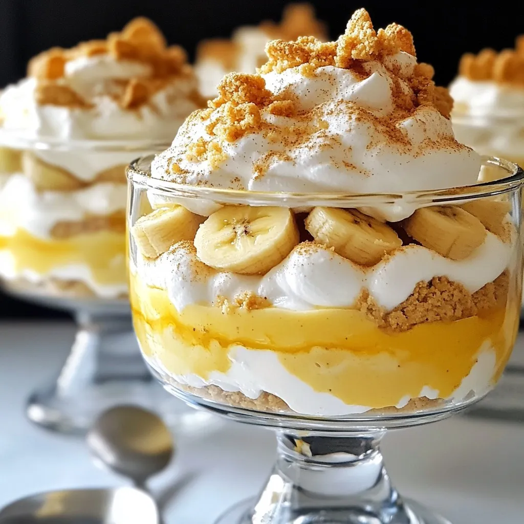 - Ripe bananas - Eggnog (store-bought or homemade) - Heavy cream - Powdered sugar - Vanilla extract - Vanilla wafers - Ground nutmeg - Whipped cream for topping - Crushed graham crackers for garnish (optional) Gather these ingredients for your Christmas Eggnog Banana Pudding. Start with ripe bananas. Their sweetness adds flavor. You need two bananas, sliced. Next, you will need eggnog. You can use store-bought or make your own. Use two cups for good measure. Heavy cream is also key. You’ll need one cup. This makes your pudding creamy and smooth. For sweetness, add half a cup of powdered sugar. You will also need one teaspoon of vanilla extract for a rich flavor. Vanilla wafers are next. They form the base and layer. Use three cups for full layers. A pinch of nutmeg adds warmth. Use half a teaspoon for a holiday touch. Finally, have whipped cream ready for topping. You can also sprinkle crushed graham crackers on top. They add crunch and look festive. With these ingredients, you are ready to create a delightful holiday treat. {{ingredient_image_2}} First, grab a medium bowl. Pour in 1 cup of heavy cream. Use an electric mixer on medium speed. Whip the cream until soft peaks start to form. Next, sprinkle in 1/2 cup of powdered sugar. Add 1 teaspoon of vanilla extract. Now, increase the mixer speed to high. Whip the cream until stiff peaks form. This whipped cream will be fluffy and light. Set it aside for later use. In another bowl, pour in 2 cups of eggnog. This can be store-bought or homemade. Whisk in 1/2 teaspoon of ground nutmeg. Mixing in the nutmeg adds a warm flavor to the eggnog. Make sure it’s fully combined. This step is key for a tasty pudding. Select a large serving dish or individual cups. Start by arranging a layer of vanilla wafers at the bottom. Ensure the wafers cover the entire base. This helps create a solid foundation. Next, gently pour a layer of the eggnog mixture over the wafers. Let them soak for a few moments. This enhances their flavor and gives great texture. Now, add a layer of sliced bananas on top of the eggnog-soaked wafers. Spread the bananas evenly. This ensures that every bite has delightful fruit. Spoon a generous layer of whipped cream over the bananas. This creates a fluffy topping that everyone loves. Repeat the layering process. Add more vanilla wafers, followed by the eggnog mixture, sliced bananas, and whipped cream. Keep going until the dish is filled to the top. Finish with a final layer of whipped cream for a pretty look. Cover the dish with plastic wrap or a lid. Refrigerate for at least 4 hours. For the best results, let it chill overnight. This allows all the flavors to meld together. The pudding will set perfectly. Just before serving, sprinkle crushed graham crackers on top. This adds a delightful crunch and a festive touch that impresses. - Using fresh ingredients: Always pick ripe bananas. Fresh bananas add natural sweetness and flavor. Use high-quality eggnog for the best taste. This makes a big difference in your pudding. - Importance of chilling time: Chill the pudding for at least four hours. For best results, let it sit overnight. This time allows the flavors to blend well. It also helps the pudding set up nicely. - Presentation ideas: Serve this pudding in clear glass bowls. This shows off the beautiful layers. Each layer looks stunning, and it adds to the festive spirit. - Garnishing tips with nutmeg and banana slices: Just before serving, sprinkle nutmeg on top. Add a few banana slices for a fresh touch. This makes your dessert look even more inviting. - Overwhipping cream: Whip the cream until stiff peaks form. If you whip too long, the cream may turn grainy. Watch it closely as you mix. - Not allowing time to set: Do not skip the chilling time. If you serve it too soon, the layers may run together. Giving it time to set improves both texture and flavor. Pro Tips Use Ripe Bananas: Ensure your bananas are perfectly ripe for the best flavor and sweetness in your pudding. Chill the Pudding: Allow the pudding to chill overnight for the best texture and flavor infusion. Experiment with Eggnog: Try different brands or homemade eggnog to customize the taste according to your preference. Add a Touch of Rum: For an adult twist, consider adding a splash of rum to the eggnog mixture for extra holiday cheer. {{image_4}} You can add extra spices to your eggnog banana pudding. A pinch of cinnamon or cloves gives warmth and depth. These spices enhance the holiday spirit. You could even layer in some chocolate or caramel. The rich flavors will surprise and delight your guests. If you need a gluten-free option, swap vanilla wafers with gluten-free cookies. This small change keeps the taste while ensuring everyone can enjoy it. For a dairy-free treat, use coconut cream instead of heavy cream. Almond milk can replace eggnog for a lighter, dairy-free version. Both options taste amazing while catering to different diets. You can easily scale the recipe for more guests. Just double or triple the ingredients as needed. For larger gatherings, serve in a big dish. Individual servings in cups make it easy for guests to grab. They also look cute and festive on the table. This Christmas Eggnog Banana Pudding can last up to three days in the fridge. For the best taste and texture, cover the pudding tightly. Use plastic wrap or a lid to keep air out. This will help it stay fresh. For storage containers, choose a glass or plastic dish with a lid. These containers keep the pudding safe from smells and help it last longer. You can also use individual cups for single servings. This makes it easy to grab and enjoy. Yes, you can freeze this pudding! It can last up to two months in the freezer. Use an airtight container to prevent freezer burn. Make sure to leave some space at the top, as pudding can expand when frozen. When it’s time to enjoy it, thaw the pudding in the fridge overnight. This will help maintain its creamy texture. Avoid using a microwave, as it can change the pudding's consistency. Once thawed, give it a gentle stir before serving to bring it back to life. Yes, you can use homemade eggnog. Making your own eggnog allows you to control the flavors and sweetness. Fresh ingredients boost the taste and richness. Store-bought options often have preservatives and added sugar. Homemade eggnog can make your pudding even more special, adding a personal touch. The pudding needs to chill for at least 4 hours. For best results, chill it overnight. This time allows the flavors to blend well. The pudding will set better, giving it a nice texture. Chilling makes each layer come alive with taste. Yes, you can make this recipe in advance. Prepare the pudding a day before your event. This lets the flavors deepen, making it taste even better. Just remember to cover it well to keep it fresh. Serve it cold for the best experience. You can use several cookies instead of vanilla wafers. Graham crackers are a popular choice. They add a nice crunch and flavor. Shortbread cookies also work well, giving a buttery taste. Choose a cookie that you enjoy for a fun twist on texture and flavor. This recipe for banana pudding with eggnog makes a tasty treat. Start with ripe bananas, creamy eggnog, and vanilla wafers for layers of flavor. Don’t skip the whipped cream; it adds the right touch. Keep your ingredients fresh and allow enough time to chill. You can even try different flavors with spices or chocolate. Remember to store properly so it stays delicious. With these tips, you can make a delightful dessert that everyone will love. Enjoy creating and sharing it!