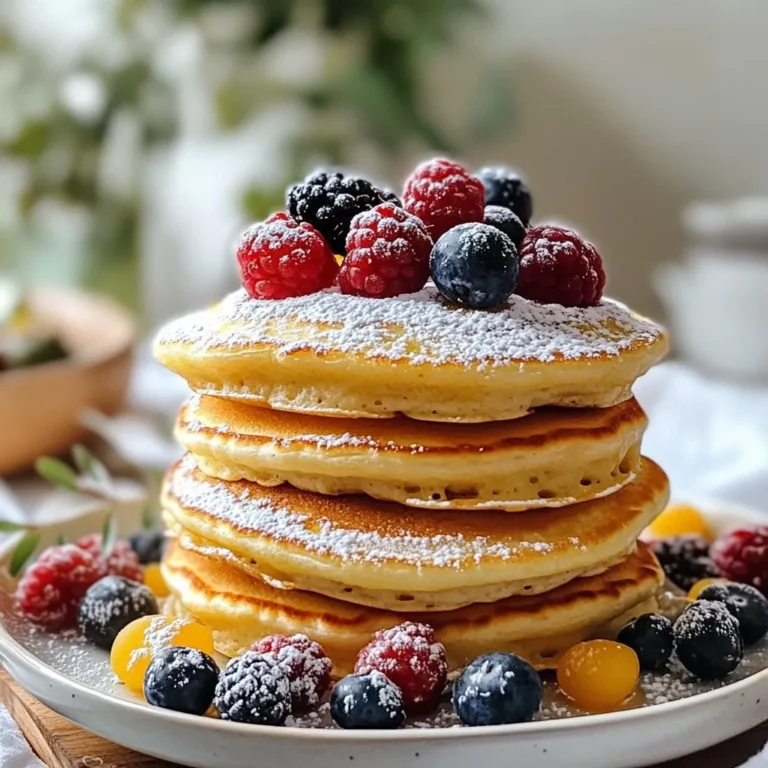 Here are the simple ingredients you need for fluffy Japanese soufflé pancakes: - 2 large eggs, separated - 35g (1/4 cup) granulated sugar, divided - 1/2 teaspoon pure vanilla extract - 50ml (1/4 cup) whole milk - 60g (1/2 cup) all-purpose flour, sifted - 1/2 teaspoon baking powder - 1 tablespoon unsalted butter (for cooking) - Powdered sugar (for garnish) - Fresh berries (for serving) Each ingredient plays a key role. The eggs add structure and fluff. Sugar sweetens and helps the pancakes rise. Vanilla gives a lovely flavor. Milk keeps the batter smooth and moist. Flour and baking powder create that light texture. Butter helps with cooking and adds richness. Finally, use powdered sugar and fresh berries to make your pancakes look and taste amazing. These ingredients come together to make a treat that feels special. {{ingredient_image_2}} - Separating the yolks and whites: Start by cracking the eggs. Place the yolks in one bowl and the whites in another. Be careful not to get any yolk in the whites. This step is key to fluffy pancakes. - Whisking the egg yolk mixture: Add 1/4 cup of sugar and vanilla to the yolks. Whisk until the mix is creamy and smooth. This creates a rich base for your pancakes. Then, slowly pour in 1/4 cup of milk and whisk again. Make sure everything blends well. - Incorporating flour and baking powder: In a new bowl, sift together 1/2 cup of flour and 1/2 teaspoon of baking powder. This helps keep the batter light. Gradually mix this into the yolk mixture. Stir gently until just combined. Avoid overmixing to keep the batter airy. - Folding in the egg whites: Beat the egg whites with a mixer until frothy. Add the last tablespoon of sugar and beat until stiff peaks form. Gently fold this into the yolk mix in three parts. Use a spatula and lift the batter carefully. This keeps the fluffiness. - Preheating the skillet: Heat a non-stick skillet on low. Add 1 tablespoon of butter and let it melt. This helps prevent sticking and adds flavor. - Flipping and cooking the pancakes: Once the butter bubbles, pour a ladle of batter into the skillet. Cover it with a lid to trap steam. Cook for 3-4 minutes until it rises. Flip the pancake carefully with a spatula. Cover again and cook for another 3-4 minutes. Look for a light golden color. Repeat with the rest of the batter, adding more butter if needed. To make your pancakes light and fluffy, focus on egg whites. Beat them until stiff peaks form. This step adds air, which helps the pancakes rise. When folding, be gentle. Use a spatula to lift and fold the egg whites into the yolk mixture. This keeps the batter airy. For cooking, heat your skillet on low. A low temperature allows the pancakes to cook through without burning. Cook each side for 3-4 minutes. Cover the skillet to trap steam, which helps the pancakes puff up nicely. Stack your pancakes high for a stunning look. Dust each layer with powdered sugar. This adds sweetness and makes them shine. For garnish, use fresh berries like strawberries, blueberries, or raspberries. Arrange them around the pancakes for color. A sprig of mint can add a fresh touch. You can also serve with whipped cream or syrup. This gives a tasty contrast to the fluffy pancakes. Choose a non-stick skillet for easy cooking. This helps prevent sticking and makes flipping easier. A skillet with a lid is best to trap steam. For whisking, an electric mixer works great for egg whites. If you don't have one, a good hand whisk will do. Use a rubber spatula for folding the mixtures. It helps keep everything light and fluffy. Pro Tips Whisking Technique: Ensure you whisk the egg whites to stiff peaks for maximum fluffiness; this is key to achieving that cloud-like texture. Low and Slow Cooking: Cook the pancakes on low heat to allow them to rise and cook through without burning the outside. Ingredient Temperature: Use room temperature eggs and milk for better emulsification and a smoother batter. Resting the Batter: Letting the batter sit for a few minutes before cooking can help improve the texture of the pancakes. {{image_4}} Adding matcha powder gives your pancakes a unique taste. Matcha adds a beautiful green color and a mild, earthy flavor. Just mix in a teaspoon of matcha powder with the flour. This simple step makes your pancakes both tasty and pretty! Incorporating citrus zest is another fun way to change the flavor. You can use lemon or orange zest. This fresh twist brightens the pancakes and makes them super refreshing. Just add a teaspoon of zest to the egg yolk mixture for a burst of flavor. Different fruit options make your pancakes even more exciting. Fresh berries like strawberries, blueberries, or raspberries work great. They add sweetness and color. You can also use sliced bananas or even peaches. Just arrange them on top for a lovely look. Alternative syrups and sauces can change up your pancake experience. Maple syrup is a classic choice. But you can try honey or chocolate syrup too! A drizzle of caramel or a dollop of whipped cream also adds a special touch. Get creative with your toppings to find your favorite combination! To keep your jiggly pancakes fresh, store them properly. First, let them cool completely on a wire rack. This prevents moisture build-up. Place the pancakes in an airtight container. You can stack them with parchment paper in between. This helps avoid sticking. Store the container in the fridge for up to three days. If you want to save them for longer, freezing is a great option. Use a baking sheet lined with parchment paper. Lay the pancakes flat and freeze them for about two hours. Once frozen, place them in a freezer bag. Squeeze out the air before sealing. Label the bag with the date. You can freeze them for up to two months. When you’re ready to enjoy your pancakes again, reheating them right is key. The microwave is quick but can make them dense. Instead, use the stovetop or oven to keep their fluffiness. To reheat on the stovetop, use a non-stick skillet over low heat. Add a little butter to the pan. Place the pancakes in the pan and cover it with a lid. Heat for about two to three minutes on each side. If you prefer the oven, preheat it to 350°F (175°C). Place the pancakes on a baking sheet. Cover them with foil to keep them moist. Heat for about 10 minutes. After reheating, serve your pancakes with a sprinkle of powdered sugar and fresh berries. You can also drizzle some maple syrup or honey for extra sweetness. Enjoy your delicious pancakes! Japanese soufflé pancakes are super fluffy and light. They use whipped egg whites to create air pockets. This gives them their famous jiggly texture. Unlike regular pancakes, which are denser and flatter, these pancakes rise high when cooked. They also need a lid while cooking to trap steam, helping them puff up even more. Yes, you can! Substitute all-purpose flour with gluten-free flour blends. Look for blends that include rice flour or almond flour. These options work well and still give you a fluffy texture. Just make sure to check the labels to ensure they are truly gluten-free. To achieve that perfect rise, follow a few key techniques: - Whip egg whites: Beat them until stiff peaks form. This is crucial for fluffiness. - Gently fold: Carefully combine the whipped whites with the yolk mixture. Avoid overmixing to keep the air in. - Low, slow heat: Cook on low heat and use a lid. This helps steam cook the pancakes evenly. This blog post provided a clear guide to making fluffy Japanese soufflé pancakes. We covered the ingredients, step-by-step instructions, and useful tips for perfect results. You can explore flavor variations and ideas for storing leftovers. Whether you're a beginner or a pro, these tips help you create delicious pancakes. Enjoy the fluffy texture and fresh toppings. Happy cooking!