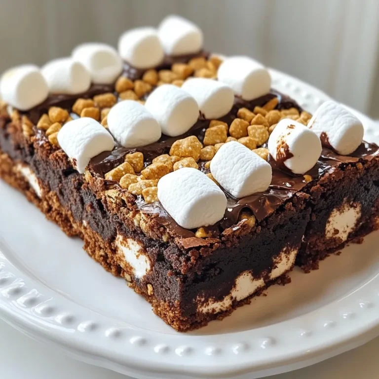 To make gooey s'mores brownie bars, you'll need: - 1 cup unsalted butter, melted - 1 1/2 cups granulated sugar - 1 cup brown sugar, packed down firmly - 4 large eggs - 1 teaspoon vanilla extract - 1 cup all-purpose flour - 1 cup unsweetened cocoa powder - 1 teaspoon baking powder - 1/2 teaspoon fine sea salt - 1 cup semi-sweet chocolate chips - 1 cup mini marshmallows - 1 cup crushed graham crackers These ingredients blend together to create a rich and gooey treat. You can swap some ingredients if you need to. Here are a few ideas: - Use coconut oil instead of butter for a dairy-free option. - Replace granulated sugar with coconut sugar if you want a lower glycemic index. - Substitute flax eggs for regular eggs for a vegan option. Mix 1 tablespoon ground flaxseed with 2.5 tablespoons water for each egg. - You can use gluten-free flour instead of all-purpose flour to make these bars gluten-free. These substitutions can help fit your needs while keeping the taste great. You can adjust this recipe for different diets. Here are some fun variations: - Gluten-Free: Use gluten-free flour. Check that your chocolate chips and graham crackers are also gluten-free. - Vegan: Use flax eggs, coconut oil, and dairy-free chocolate chips. - Nut-Free: Ensure all ingredients, especially chocolate and graham crackers, are nut-free. These variations keep the spirit of the treat while catering to different diets. Enjoy experimenting with ingredients! {{ingredient_image_2}} First, you need to set your oven. Preheat it to 350°F (175°C). While it heats, grab a 9x13 inch baking dish. Grease it with non-stick spray or line it with parchment paper. This helps with easy removal later. Now, let's mix the wet stuff. In a large bowl, add 1 cup of melted unsalted butter, 1 1/2 cups of granulated sugar, and 1 cup of packed brown sugar. Whisk them together until smooth. Next, add 4 large eggs one by one. Mix well after each egg. Finally, pour in 1 teaspoon of vanilla extract and stir until you have a velvety mixture. In another bowl, sift together 1 cup of all-purpose flour, 1 cup of unsweetened cocoa powder, 1 teaspoon of baking powder, and 1/2 teaspoon of fine sea salt. Slowly add these dry ingredients to the wet mix. Use a spatula to fold them in gently. It’s okay if your batter has a few lumps. Time to layer! Pour half of the brownie batter into your prepared dish. Use your spatula to spread it evenly in the corners. Next, sprinkle half of the crushed graham crackers, then half of the mini marshmallows. Gently dollop the rest of the brownie batter over this layer. Spread it out carefully. Now, top with the remaining graham crackers, chocolate chips, and mini marshmallows for extra gooeyness. Place the dish in your preheated oven. Bake for 25-30 minutes. Check if the edges are set. Insert a toothpick in the center. If it comes out with a few moist crumbs, it's done! Once baked, take the dish out and let it cool for 10-15 minutes. This helps the bars set before you slice them. For an extra treat, toast the marshmallows! You can place the bars under the broiler for 1-2 minutes until they turn golden brown. Keep a close eye on them so they don’t burn. Enjoy your gooey s'mores brownie bars! To get that perfect gooey texture, watch your baking time closely. Bake for 25-30 minutes. You want the edges set but the center soft. A toothpick should have a few moist crumbs when you check it. If you want extra gooeyness, try broiling the bars for one to two minutes. This gives the marshmallows a nice, toasted look. Layering is key for the best s'mores brownie bars. Spread half the brownie batter evenly in the pan first. Then, add half the crushed graham crackers and mini marshmallows. This keeps every bite layered with gooey goodness. After adding the remaining batter, finish with the rest of the toppings. This makes for a great visual appeal and a delicious taste. Cutting these bars neatly can be tricky. Let them cool for about 10-15 minutes in the pan. This helps them set. Use a sharp knife to cut them into squares. For cleaner cuts, wipe the knife with a damp cloth between slices. This prevents sticking and keeps the edges sharp. These brownie bars are best served warm. Pair them with a scoop of vanilla ice cream. A sprinkle of crushed graham crackers or extra mini marshmallows on top makes a great touch. You can also serve them with chocolate sauce for extra sweetness. Enjoy these bars at parties, family gatherings, or just for a cozy night in! Pro Tips Use Room Temperature Eggs: Allow your eggs to sit at room temperature for about 30 minutes before adding them to the batter. This helps create a smoother and more homogenous mixture. Don’t Overmix the Batter: When combining the dry and wet ingredients, mix until just combined. Overmixing can lead to tough brownie bars, so a few lumps are perfectly fine. Experiment with Chocolate: Feel free to mix different types of chocolate chips or even chopped chocolate bars for a unique flavor profile. Dark chocolate or white chocolate can add a delicious twist! Store Properly: Keep any leftovers in an airtight container at room temperature for up to 3 days. For longer storage, refrigerate, and simply warm them up before serving for that gooey texture! {{image_4}} You can make these gooey s'mores brownie bars gluten-free. Just swap the all-purpose flour with a gluten-free flour mix. Look for blends that include a starch for the best results. This simple change keeps the bars soft and rich without losing flavor. Always check that your chocolate chips and graham crackers are also gluten-free. For a vegan version, use plant-based butter instead of regular butter. Replace the eggs with flax eggs. To make a flax egg, mix 1 tablespoon of flaxseed meal with 2.5 tablespoons of water. Let it sit for a few minutes to thicken. Use dairy-free chocolate chips and vegan marshmallows, too. These swaps create a delicious treat for everyone. Feel free to get creative with mix-ins! You can add nuts like walnuts or pecans for a crunchy texture. Try adding peanut butter chips for a nutty twist, or even white chocolate chips for a different flavor. You can also top the bars with caramel drizzle or chopped candy bars after baking. These changes will make your brownie bars even more fun and tasty! To keep your gooey s'mores brownie bars fresh, store them in an airtight container. Place parchment paper between layers to avoid sticking. They stay good at room temperature for up to four days. If you want them to last longer, store them in the fridge. They will keep well for about a week when chilled. You can freeze these brownie bars for later enjoyment. Once cooled, cut them into squares. Wrap each piece tightly in plastic wrap. Then, place the wrapped bars in a freezer-safe bag. They can last in the freezer for up to three months. When ready to eat, thaw them in the fridge overnight. To enjoy your brownie bars warm, reheat them in the oven. Preheat your oven to 350°F (175°C). Place the bars on a baking sheet, cover with foil, and heat for about 10 minutes. This keeps them gooey without drying them out. For a quick fix, you can microwave a single bar for 15-20 seconds. Enjoy them warm with a scoop of ice cream for an extra treat! These brownie bars are gooey because of the melted chocolate chips and mini marshmallows. When baked, they melt and create a soft, rich texture. The combination of semi-sweet chocolate and marshmallows adds to that delightful chewiness. The layers trap moisture, making each bite a gooey treat. Yes, you can use other types of chocolate! Dark chocolate gives a richer taste. Milk chocolate will make the bars sweeter. If you prefer white chocolate, it will add a creamy flavor. Just stick to the same amount as the recipe calls for, one cup. This way, you’ll keep the gooey goodness intact. These brownie bars last about 3 to 4 days at room temperature. Store them in an airtight container to keep them fresh. You can also refrigerate them to extend their life. Just remember, cold bars may lose some of their gooey texture. Absolutely! You can make these brownies a day or two in advance. Just bake them and let them cool completely. Store them in an airtight container at room temperature. When it's time to serve, warm them slightly in the oven for that fresh-baked taste. In this blog post, we covered all you need for perfect brownie bars. We explored ingredients, substitutes, and variations to suit different diets. I provided step-by-step instructions for baking and cooling, plus tips for achieving gooey perfection. You learned how to store and reheat for later enjoyment too. Whether you prefer gluten-free, vegan, or classic brownies, you have options. Now, you can impress friends and family with your skills. Enjoy your baking journey, and savor every bite of those delicious brownie bars!