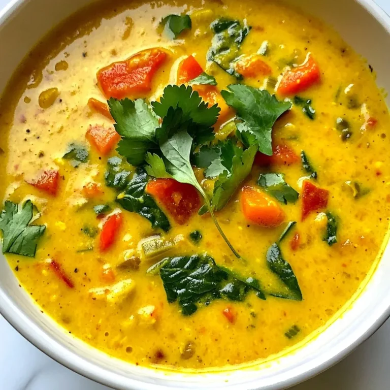 - 1 cup red lentils - 1 tablespoon coconut oil - 1 medium onion - 3 cloves garlic - 1 tablespoon grated ginger - 2 tablespoons curry powder - 1 teaspoon turmeric powder - 1 can coconut milk - 4 cups vegetable broth - 1 cup diced tomatoes - 1 medium carrot - 1 bell pepper - 2 cups fresh spinach - Salt and pepper Coconut Curry Lentil Soup packs a punch with its vibrant flavors. It starts with red lentils, which are a great source of protein and fiber. You will need coconut oil for a rich base. The onion adds sweetness, while garlic and ginger bring warmth. Curry powder and turmeric give the soup its bold flavor and bright color. Coconut milk adds creaminess, making each bite feel luxurious. Vegetable broth provides depth, and diced tomatoes offer a fresh touch. For added texture, include a medium carrot and a bell pepper. Fresh spinach not only boosts the nutrition but also adds a lovely green color. Don’t forget salt and pepper to bring all the flavors together. Each ingredient has a role, making this soup a balanced and healthy choice. {{ingredient_image_2}} - Sauté onion and aromatics Start by heating the coconut oil in a large pot over medium heat. Once it melts, add the diced onion. Cook for about 5 to 7 minutes until it turns soft and clear. This step builds a sweet base for your soup. - Incorporate spices and lentils Next, stir in the minced garlic and grated ginger. Cook for 1 minute until you smell the great aroma. Add the curry powder and turmeric now. Mix well and cook for another 1 to 2 minutes. This will make the spices pop. Then, add the rinsed red lentils, diced tomatoes, diced carrot, and bell pepper. Stir everything together until all the ingredients mix well. - Add liquids and vegetables Pour in the vegetable broth and coconut milk. Stir until combined. This will create a rich and creamy base for the soup. Now, raise the heat to high to bring the mixture to a boil. - Simmer the soup Once boiling, lower the heat to let it simmer uncovered for 25 to 30 minutes. Stir occasionally. The lentils will soften and absorb the flavors, making the soup hearty and tasty. - Stir in spinach After the lentils are tender, add the chopped spinach to the pot. Cook for an additional 5 minutes. The spinach will wilt and add a lovely green color to the soup. - Season to taste Taste your soup now! Add salt and pepper as needed. Adjust the seasoning to make the flavors pop. - Serving suggestions Ladle the hot soup into bowls. For a nice touch, sprinkle fresh chopped cilantro on top. You can also serve the soup with a slice of lime or in a bread bowl for a fun twist. Enjoy your delicious Coconut Curry Lentil Soup! - Use fresh spices: Fresh spices make a big difference. They add bright flavors. Try to buy whole spices and grind them. This way, you get the best taste. - Adjust seasoning: Always taste your soup. You may need more salt or pepper. Adding a squeeze of lime can brighten up the soup. - Best practices for sautéing: Heat your coconut oil until it shimmers. This means it’s ready. Add onions and cook until they are soft. This builds a flavor base. - How to achieve the perfect simmer: Once boiling, reduce heat to low. This helps the lentils cook evenly. Stir occasionally to prevent sticking. - Health benefits of key ingredients: Lentils are rich in protein and fiber. They help keep you full and satisfied. Coconut milk adds healthy fats and a creamy texture. - Why choose red lentils and coconut milk: Red lentils cook quickly and break down well. They create a smooth soup. Coconut milk adds a rich, sweet flavor that balances the spices. Pro Tips Use fresh spices: Fresh spices enhance the flavor profile of your soup, so consider using whole spices and grinding them yourself for a more robust taste. Customize the heat: Adjust the amount of curry powder or add a pinch of cayenne pepper if you prefer a spicier soup. Add protein: For a heartier meal, consider adding cooked chicken, shrimp, or chickpeas to the soup just before serving. Garnish creatively: Experiment with garnishes like toasted coconut flakes, lime wedges, or a drizzle of coconut cream for a touch of elegance. {{image_4}} You can switch up the lentils in this soup. If you want, use green or brown lentils. They add a different texture and flavor. Just remember, they may need longer cooking time. Feel free to add or change the veggies too. Try sweet potatoes for a hearty touch, or toss in zucchini for a fresh note. You can even add peas for sweetness! This soup is already vegan, which is great. You don’t need to change much to keep it plant-based. Just check your broth to make sure it is vegan-friendly. If you need a gluten-free option, this soup is naturally gluten-free. Just make sure the broth you use is gluten-free too. Always read the labels! Want more heat? Add chili flakes or fresh chili peppers for a spicy kick. You can also use jalapeños if you like them hot. To boost the flavor even more, add fresh herbs. Basil or mint works well here. You can mix in some fresh cilantro for an extra burst of taste. Coconut curry lentil soup stays fresh for about 4-5 days in the fridge. To keep it tasty, store your soup in an airtight container. Glass containers work best. They let you see the soup and do not hold odors. You can freeze this soup in portions. Use freezer-safe bags or containers. This way, you can pull out just what you need. When you want to eat it, thaw it overnight in the fridge. You can also use the microwave to thaw it quickly. Just be careful not to cook it again. Yes, you can make Coconut Curry Lentil Soup ahead of time. In fact, it tastes even better the next day! Just store it in the fridge. Let it cool, then put it in an airtight container. It will last for about 3 to 4 days. When you are ready to eat, just heat it on the stove. Stir often to keep it from sticking. To thicken the soup, you can mash some of the lentils. Use a potato masher or the back of a spoon. This will help create a creamier texture. You can also add a bit more coconut milk or let the soup simmer longer. The lentils will absorb more liquid and help thicken it naturally. Coconut Curry Lentil Soup pairs well with many sides. You can serve it with crusty bread for dipping. A fresh salad adds a nice crunch. If you want something heartier, serve it over rice or quinoa. Don’t forget a slice of lime to squeeze over the soup! This adds a bright flavor that complements the curry. This blog post guided you through making Coconut Curry Lentil Soup. We covered the key ingredients, like red lentils and coconut milk. You learned step-by-step instructions to whip up a tasty dish. We shared tips to enhance flavor and the benefits of fresh spices. You discovered recipe variations for dietary needs and flavor twists. Enjoying this healthy soup can boost your meals. With these simple steps and tips, you can make a dish everyone loves. Try it, and empower your cooking skills!
