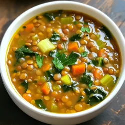 - 1 cup dried green or brown lentils - 1 medium onion - 2 garlic cloves - 2 medium carrots - 2 stalks celery - 1 teaspoon ground cumin - 1 teaspoon smoked paprika - 1 bay leaf - 6 cups vegetable broth - 1 (14-ounce) can diced tomatoes - 2 cups fresh spinach or kale - 2 tablespoons olive oil - Salt and pepper - Fresh parsley (for garnish) Gathering the right ingredients sets the stage for a great meal. For this hearty vegetarian lentil soup, you begin with 1 cup of dried lentils. You can use green or brown lentils, both work well. The lentils are the star of this dish, providing protein and fiber. Next, you need a medium onion, diced finely. The onion adds sweetness and depth. You'll also want 2 garlic cloves, minced. Garlic boosts flavor and brings warmth to the soup. For texture, use 2 medium carrots and 2 stalks of celery, both diced. These veggies add crunch and a slight earthiness. Spices are key to a tasty soup. You will need 1 teaspoon of ground cumin and 1 teaspoon of smoked paprika. These spices give the soup a warm, smoky flavor. Don't forget the bay leaf; it adds a nice aroma. To create the soup base, you will use 6 cups of vegetable broth. Low-sodium broth is best to control salt. You'll also add 1 can of diced tomatoes, which brings acidity and brightness. For greens, include 2 cups of fresh spinach or kale. These leafy greens add nutrients and color. Lastly, you'll need 2 tablespoons of olive oil to saut&eacute; the veggies, along with salt and pepper to taste. Fresh parsley is a lovely garnish that adds a pop of color at the end. By having all these ingredients ready, you ensure a smooth cooking process. Each item plays an important role in making your soup rich and satisfying. {{ingredient_image_2}} Saut&eacute;ing the Aromatics Start by heating two tablespoons of olive oil in a large pot over medium heat. Once the oil is hot, add one diced onion. Saut&eacute; it for about five minutes until it gets soft and clear. Then, add two minced garlic cloves. Stir for one to two minutes until it becomes fragrant. Adding the Lentils and Spices Next, toss in two diced carrots and two diced celery stalks. Stir these for another five minutes. Now, it&rsquo;s time to add one cup of rinsed lentils, one teaspoon of ground cumin, one teaspoon of smoked paprika, and one bay leaf. Mix everything well to coat the lentils with the spices. Simmering the Soup Pour in six cups of vegetable broth and one can of diced tomatoes, including their juice. Stir to combine. Turn the heat up until it reaches a boil, then lower it to a gentle simmer. Cover the pot and let it cook for 30 to 35 minutes. Check that the lentils are tender. If needed, add more broth or water for your desired soup thickness. Incorporating Greens and Final Seasoning After cooking, take out the bay leaf. Add two cups of roughly chopped spinach or kale to the pot. Stir well. Cook for an additional five minutes until the greens wilt and brighten. Finally, season with salt and pepper to taste. Adjust flavors based on your preference. This hearty vegetarian lentil soup is now ready to warm you up! - Best practices for rinsing lentils: Always rinse lentils under cold water. This step removes dirt and small stones. It also helps clean the lentils, making your soup taste better. - Choosing the right vegetable broth: Use low-sodium vegetable broth. This option lets you control the salt level. Look for a broth rich in flavor. Homemade broth can add a personal touch, but store-bought works well too. - Adjusting thickness of soup: If your soup is too thick, add more broth or water. Stir gently to mix well. For a creamier texture, blend a portion of the soup before serving. - Ideal side dishes and pairings: Serve your soup with crusty whole-grain bread. It&rsquo;s perfect for dipping and adds heartiness to your meal. A simple salad also pairs nicely, adding freshness. - Creative garnishes: Top your soup with fresh parsley for color. You can also add a drizzle of olive oil or a sprinkle of smoked paprika for extra flavor. For a kick, try adding a few red pepper flakes! Pro Tips Rinse Your Lentils: Thoroughly rinsing lentils before cooking helps remove any debris or dust, ensuring a cleaner flavor in your soup. Customize the Vegetables: Feel free to add or substitute other vegetables such as bell peppers or zucchini to enhance the flavor and nutrition of your soup. Control the Consistency: Adjust the thickness of the soup by adding more vegetable broth or water during cooking, depending on your preference for a heartier or lighter dish. Flavor Boost: For added depth of flavor, consider adding a splash of balsamic vinegar or a squeeze of lemon juice just before serving. {{image_4}} You can change up the vegetables in this soup. Try using: - Sweet potatoes for a hint of sweetness - Bell peppers for a crunchy texture - Zucchini for a light, fresh taste Feel free to swap the lentils too. If you want a twist, use: - Black beans for a richer flavor - Chickpeas for a hearty bite These swaps keep your soup exciting and fresh! Spices can take your soup to new heights. If you like heat, try adding: - Red pepper flakes for a kick - Cayenne pepper for a deeper spice Herbs also add layers of flavor. Consider using: - Thyme for an earthy taste - Basil for a sweet note - Cilantro for a bright finish Mix and match these flavors to find your favorite combo! To keep your Hearty Vegetarian Lentil Soup fresh, store it in the right containers. Use airtight glass or plastic containers. They help keep the soup flavorful and safe. Make sure to let the soup cool before sealing it. This step prevents excess moisture from forming. For refrigerating, the soup lasts about 4-5 days. If you want to store it longer, freezing is a great option. Divide the soup into smaller portions. This makes it easier to thaw only what you need. It can stay in the freezer for up to 3 months. To enjoy your soup again, reheat it properly. The best method is on the stove. Pour the soup into a pot and heat on low. Stir often until it warms up. If it seems too thick, add a splash of broth or water. You can also use the microwave. Place the soup in a microwave-safe bowl. Cover it loosely to prevent splatters. Heat in short bursts, stirring in between. This ensures even heating and a delicious meal every time. Can I use canned lentils instead? Yes, you can use canned lentils. They save time and are already cooked. Rinse them before adding to the soup. Add them in the last 10 minutes of cooking to heat them through. How long does the soup stay fresh? The soup stays fresh in the fridge for about 5 days. Store it in an airtight container. You can also freeze it for up to 3 months. What can I add to boost protein content? To boost protein, add chickpeas or diced tofu. You can also mix in quinoa or nuts for extra texture and flavor. Is this soup gluten-free? Yes, this soup is gluten-free. Use low-sodium vegetable broth to keep it healthy. Always check labels to ensure all ingredients are gluten-free. Can I make this soup in a slow cooker? Yes, you can make this soup in a slow cooker. Add all the ingredients and cook on low for 6-8 hours. This method allows flavors to blend well. How to thicken the soup without starches? To thicken the soup, blend a portion of it. Use an immersion blender or regular blender. You can also mash some of the lentils with a fork for a thicker texture. This blog post covered all you need to make a hearty lentil soup. We discussed the key ingredients and broke down the cooking steps. You learned how to enhance flavor, serve it well, and even store leftovers. Variety is crucial to keep things fresh. Don&rsquo;t hesitate to try different veggies or spices. This soup is tasty and perfect for any meal. I hope you find joy in making it and sharing it. Enjoy the warmth of homemade comfort in your bowl!