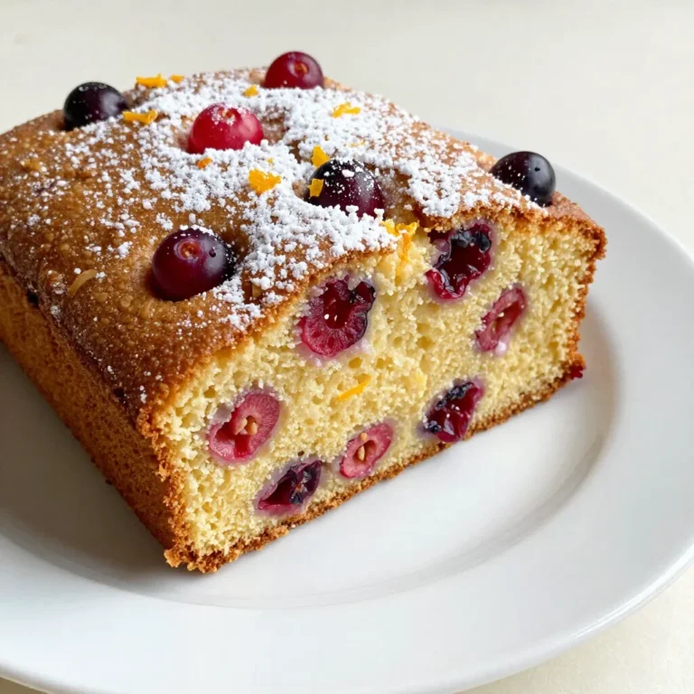 To make a delicious Cranberry Orange Breakfast Cake, you need the right ingredients. Here’s what you will need: - 2 cups all-purpose flour - 1 teaspoon baking powder - 1/2 teaspoon baking soda - 1/2 teaspoon salt - 1 teaspoon ground cinnamon - 1 cup granulated sugar - 1/2 cup unsalted butter, softened - 2 large eggs - 1 teaspoon vanilla extract - 1 cup buttermilk - Zest of 1 medium orange - 1 1/2 cups cranberries - Optional: powdered sugar and fresh orange juice for glaze Each ingredient plays a key role. The flour gives structure, while the baking powder and soda help it rise. Salt and cinnamon add flavor, making each bite burst with warmth. Granulated sugar provides sweetness, while butter gives a rich texture. Eggs bind all the elements together. The buttermilk brings moisture and a slight tang, which balances the sweetness. Orange zest brightens up the cake, adding a fresh citrus note. Lastly, cranberries add juicy pops of tartness. You can even glaze your cake with a mix of powdered sugar and orange juice for a lovely finish! {{ingredient_image_2}} - Preheat your oven to 350°F (175°C). - Prepare a 9-inch round cake pan. Grease it and flour it well or line the bottom with parchment paper. This helps the cake come out easily. - In a medium bowl, mix 2 cups of all-purpose flour, 1 teaspoon of baking powder, 1/2 teaspoon of baking soda, 1/2 teaspoon of salt, and 1 teaspoon of ground cinnamon. Whisk this until it's well blended. - In a large bowl, cream 1/2 cup of softened unsalted butter and 1 cup of granulated sugar. Use an electric mixer for about 3-4 minutes. This makes the mix light and fluffy. - Add 2 large eggs, one at a time. Beat well after each egg. Then mix in 1 teaspoon of vanilla extract and the zest of 1 medium orange until well combined. - Gradually mix the dry ingredients into the wet mix, alternating with 1 cup of buttermilk. Start and end with the flour mix. This keeps the batter from being tough. - Gently fold in 1 1/2 cups of cranberries. Be careful not to overmix so the berries stay whole. - Pour the batter into your prepared cake pan. Smooth the top with a spatula for an even surface. - Place the cake in the preheated oven. Bake for 35-40 minutes. Check if it's done by inserting a toothpick in the center. It should come out clean with just a few crumbs. - Let the cake cool in the pan for 10 minutes. Then move it to a wire rack to cool completely. - For an optional glaze, mix 1/4 cup of powdered sugar with 1 tablespoon of fresh orange juice. Drizzle this over the cooled cake for a lovely touch. 1. Ensure room temperature ingredients: Using room temperature butter, eggs, and buttermilk helps create a smooth and fluffy batter. Cold ingredients can lead to a dense cake. 2. Avoid overmixing the batter: Mix until just combined. Overmixing can cause the cake to be tough. Gently fold in the cranberries for best results. - Serving suggestions for a beautiful presentation: Serve the cake on a decorative platter. A beautiful plate makes every cake look special. - Optional garnishes to enhance appearance: Dust the top with powdered sugar. Add fresh cranberries and orange slices for a colorful touch that pops. - How to fix a dense cake: If your cake is dense, you may have overmixed the batter or used cold ingredients. Mix gently next time and use room temperature items. - Ways to avoid burning: Keep an eye on the cake while it bakes. If it browns too fast, cover it loosely with foil to prevent burning while it continues to bake. Pro Tips Room Temperature Ingredients: Ensure that your eggs and buttermilk are at room temperature before mixing. This helps create a smoother batter and a more tender cake. Don't Overmix: To achieve a fluffy texture, mix the batter until just combined. Overmixing can lead to a dense cake. Fresh Cranberries Tip: If using fresh cranberries, toss them in a bit of flour before folding them into the batter. This prevents them from sinking to the bottom. Glazing Tips: For a shiny glaze, let the cake cool completely before drizzling. This ensures the glaze sets nicely without pooling. {{image_4}} You can make this cake even better with a few twists. Adding nuts can give it a nice crunch. Walnuts and pecans work well. They add both taste and texture. You can also spice it up. Adding nutmeg or ginger gives a warm flavor. These spices blend well with orange and cranberry. Try a pinch to see what you think! If you want a healthier cake, there are easy swaps. You can use gluten-free flour. This makes the cake suitable for those with gluten issues. Many brands offer great gluten-free options. You can also reduce sugar. Try using natural sweeteners instead. Honey or maple syrup can be good choices. These keep the cake sweet but healthier. This recipe is great all year round. You can switch out cranberries for other fruits. Blueberries or apples can create a new flavor. They both pair well with orange too. You can also adapt the cake for holidays. For Christmas, add festive spices or nuts. For summer, fresh berries can make it light and bright. Have fun exploring these options! Store your cranberry orange breakfast cake at room temperature. Wrap it in plastic wrap or place it in an airtight container. This keeps it fresh and moist. It will last about 2 to 3 days on the counter. If you want it to stay longer, consider refrigerating it. You can freeze the cake for later use. First, let it cool completely. Then, wrap it tightly in plastic wrap and aluminum foil. This helps prevent freezer burn. It can stay in the freezer for up to 3 months. To enjoy, thaw it in the fridge overnight. Reheat slices in the microwave for about 15-20 seconds. The general shelf life of the cake is around 3 days at room temperature. If stored in the fridge, it can last up to a week. Watch for signs of spoilage, like an off smell or mold. If it becomes dry or hard, it’s time to toss it. Enjoy your cake while it’s fresh for the best taste! Can I use frozen cranberries? Yes, you can use frozen cranberries. Just add them directly to the batter without thawing. This keeps their tart flavor and bright color intact. Can I make this cake ahead of time? You can make this cake a day or two in advance. Store it in an airtight container at room temperature. It tastes great even after a day. What is the best way to transport a cake? To transport a cake, place it in a sturdy cake box or container. Use a non-slip mat underneath to prevent sliding. This keeps your cake safe during the trip. Is this recipe suitable for vegetarians? Yes, this recipe is perfect for vegetarians. It contains no meat or fish. Can I make it dairy-free? You can make this cake dairy-free. Use a dairy-free butter and substitute the buttermilk with almond milk mixed with vinegar. What can I substitute for buttermilk? You can use regular milk mixed with one tablespoon of vinegar or lemon juice. Let it sit for five minutes to curdle. How to replace eggs in the recipe? For eggs, use a flaxseed meal or chia seed gel. Mix one tablespoon of seeds with three tablespoons of water. Let it sit for a few minutes until it thickens. This blog post covers the key parts of making a delicious cranberry cake. You learned about the main ingredients, step-by-step instructions, and helpful tips to ensure success. I shared ways to customize the recipe to fit your taste and occasion. By storing your cake properly, it will stay fresh for longer. Enjoy making this cake and impressing your friends and family with your baking skills. Remember, practice makes perfect, so don't be afraid to try new things. Happy baking!