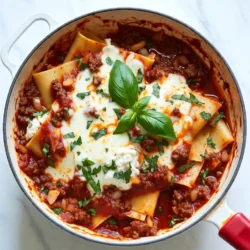 To make a tasty Weeknight Lasagna Skillet, you need the right ingredients. Here&rsquo;s a complete list: - 1 lb ground beef or turkey - 1 medium onion, finely chopped - 2 cloves garlic, minced - 2 cups marinara sauce, your favorite brand - 2 cups mini lasagna noodles or elbow macaroni - 2 cups water or low-sodium broth - 1 teaspoon dried oregano - 1 teaspoon dried basil - 1 cup ricotta cheese - 1 &frac12; cups shredded mozzarella cheese - Salt and freshly ground black pepper to taste - Fresh basil leaves, torn, for garnish Each ingredient plays an important role in the dish. The ground beef or turkey gives a hearty flavor, while the onion and garlic add depth. Marinara sauce binds everything, creating that rich lasagna taste. I prefer mini lasagna noodles for ease, but elbow macaroni works too. Broth or water helps the noodles cook well, absorbing flavor. Dried herbs like oregano and basil are key for that Italian flair. Cheeses are crucial too. Ricotta adds creaminess, while the mozzarella creates a gooey top. Don't forget the salt and pepper to boost flavors. Lastly, fresh basil leaves make a pretty garnish and add freshness. With this mix, you&rsquo;re set for a quick and satisfying dinner! {{ingredient_image_2}} First, heat a large skillet over medium heat. Add 1 pound of ground beef or turkey. Saut&eacute; it for about 8 minutes. Break the meat apart with a spatula. Add 1 medium chopped onion and 2 cloves of minced garlic. Cook until the meat is brown and no longer pink. This adds great flavor! After cooking, drain any excess fat. This step keeps the dish lighter and healthier. Next, stir in 2 cups of your favorite marinara sauce and 2 cups of water or low-sodium broth. Mix well to combine. You can also add 1 teaspoon of dried oregano and 1 teaspoon of dried basil for herbs. Increase the heat slightly until the mixture comes to a gentle boil. This helps to blend all the flavors together. Once the sauce is bubbling, add 2 cups of mini lasagna noodles. Stir until the noodles are fully submerged in the sauce. Lower the heat to a simmer. Cover the skillet with a lid and cook for about 15 minutes. Stir occasionally to prevent sticking. This will help the noodles cook to an al dente texture, which is perfect for lasagna. After simmering, remove the skillet from the heat. Using a spoon, dollop 1 cup of ricotta cheese evenly over the noodle mixture. Then, sprinkle 1 &frac12; cups of shredded mozzarella cheese on top of the ricotta. Replace the lid and let the skillet rest for about 5 minutes. This allows the mozzarella to melt perfectly. Finally, season with salt and freshly cracked black pepper to taste. Garnish with torn fresh basil leaves for a lovely finish. To ensure even cooking of noodles, stir them well when adding to the sauce. This keeps them from clumping together. Make sure the sauce fully covers the noodles. This helps them cook through evenly. If you find noodles sticking, add a bit more liquid. You can use water or broth to loosen the mixture. Stir often during cooking to keep everything moving. You can swap ingredients for different tastes. For example, try ground turkey instead of beef for a lighter meal. If you want a kick, add red pepper flakes. Fresh herbs bring a bright flavor. Use fresh basil instead of dried for a burst of freshness. If fresh herbs are not on hand, dried herbs work fine, but use less. To make your dish look great, serve it in large bowls. This adds a homey feel. Layer the ricotta and mozzarella nicely to show off the cheese. Sprinkle some extra mozzarella on top for a cheesy look. For garnishing, torn fresh basil leaves add color. You can also add a drizzle of olive oil for shine and flavor. Pro Tips Use Fresh Herbs: Fresh basil added at the end not only enhances the flavor but also adds a beautiful touch to your dish. Don&rsquo;t Overcook the Noodles: Aim for al dente noodles as they will continue to cook slightly while resting under the cheese. Experiment with Cheeses: Try mixing different cheeses like provolone or Parmesan for a unique flavor profile. Make it Ahead: This dish can be prepared in advance and reheated, making it great for meal prep or busy weeknights. {{image_4}} For a vegetarian version, skip the meat. Use mushrooms, lentils, or spinach instead. They add great texture and flavor. You can also use veggie broth for the sauce. For gluten-free options, swap mini lasagna noodles with gluten-free pasta. Many brands offer tasty alternatives that work well in this dish. You can switch to ground chicken or turkey for a lighter meal. Both are great sources of protein. If you want more flavor, try using Italian sausage. Adding leafy greens, like spinach or kale, boosts nutrition and taste. They cook quickly and blend well with the sauce. Do you like heat? Add chili flakes for a spicy kick. This will wake up the flavors in your skillet. You can also toss in extra veggies, like bell peppers or zucchini. These add vitamins and make the dish more colorful. Mixing different flavors keeps your weeknight dinners exciting! Store any leftovers in an airtight container. This keeps them fresh. You can refrigerate them for up to three days. To reheat, place the skillet over low heat. Stir gently to warm it through. You can also microwave in short bursts. Cover with a damp paper towel to keep moisture. You can freeze portions for later use. Let the dish cool completely before freezing. Use freezer-safe containers or bags. This keeps it fresh for up to three months. To thaw, place it in the fridge overnight. You can also use the microwave on the defrost setting. After thawing, reheat as mentioned above. Enjoy your easy meal anytime! You can use other pasta types if you lack mini lasagna noodles. Here are some great options: - Elbow macaroni - Fusilli - Penne - Farfalle These shapes work well in a skillet dish. They will absorb the sauce and flavors just like lasagna noodles. Yes, you can prepare this dish in advance. Here are some meal prep tips: - Cook the beef, onions, and garlic. - Combine these with the marinara sauce and water. - Store in the fridge for up to three days. When you are ready to eat, add the noodles and cook as directed. This will save time on busy nights. To add some heat, try these suggestions: - Add red pepper flakes during cooking. - Stir in diced jalape&ntilde;os or serranos. - Top with a drizzle of hot sauce before serving. These options will kick up the flavor and give your dish a nice spicy twist. This blog post covered how to make a tasty lasagna skillet. We discussed key ingredients like ground meat, onions, and cheese. I shared easy steps for cooking the meat and noodles, plus tips for great flavor and presentation. You can also adjust the recipe for different diets and store leftovers well. With these tips, you can enjoy a hearty meal that fits your taste and needs. Dive into your cooking adventure, and enjoy every bite!