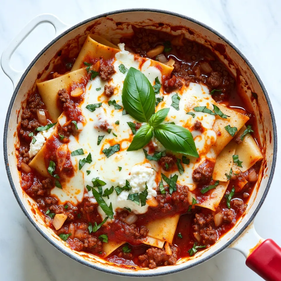 To make a tasty Weeknight Lasagna Skillet, you need the right ingredients. Here’s a complete list: - 1 lb ground beef or turkey - 1 medium onion, finely chopped - 2 cloves garlic, minced - 2 cups marinara sauce, your favorite brand - 2 cups mini lasagna noodles or elbow macaroni - 2 cups water or low-sodium broth - 1 teaspoon dried oregano - 1 teaspoon dried basil - 1 cup ricotta cheese - 1 ½ cups shredded mozzarella cheese - Salt and freshly ground black pepper to taste - Fresh basil leaves, torn, for garnish Each ingredient plays an important role in the dish. The ground beef or turkey gives a hearty flavor, while the onion and garlic add depth. Marinara sauce binds everything, creating that rich lasagna taste. I prefer mini lasagna noodles for ease, but elbow macaroni works too. Broth or water helps the noodles cook well, absorbing flavor. Dried herbs like oregano and basil are key for that Italian flair. Cheeses are crucial too. Ricotta adds creaminess, while the mozzarella creates a gooey top. Don't forget the salt and pepper to boost flavors. Lastly, fresh basil leaves make a pretty garnish and add freshness. With this mix, you’re set for a quick and satisfying dinner! {{ingredient_image_2}} First, heat a large skillet over medium heat. Add 1 pound of ground beef or turkey. Sauté it for about 8 minutes. Break the meat apart with a spatula. Add 1 medium chopped onion and 2 cloves of minced garlic. Cook until the meat is brown and no longer pink. This adds great flavor! After cooking, drain any excess fat. This step keeps the dish lighter and healthier. Next, stir in 2 cups of your favorite marinara sauce and 2 cups of water or low-sodium broth. Mix well to combine. You can also add 1 teaspoon of dried oregano and 1 teaspoon of dried basil for herbs. Increase the heat slightly until the mixture comes to a gentle boil. This helps to blend all the flavors together. Once the sauce is bubbling, add 2 cups of mini lasagna noodles. Stir until the noodles are fully submerged in the sauce. Lower the heat to a simmer. Cover the skillet with a lid and cook for about 15 minutes. Stir occasionally to prevent sticking. This will help the noodles cook to an al dente texture, which is perfect for lasagna. After simmering, remove the skillet from the heat. Using a spoon, dollop 1 cup of ricotta cheese evenly over the noodle mixture. Then, sprinkle 1 ½ cups of shredded mozzarella cheese on top of the ricotta. Replace the lid and let the skillet rest for about 5 minutes. This allows the mozzarella to melt perfectly. Finally, season with salt and freshly cracked black pepper to taste. Garnish with torn fresh basil leaves for a lovely finish. To ensure even cooking of noodles, stir them well when adding to the sauce. This keeps them from clumping together. Make sure the sauce fully covers the noodles. This helps them cook through evenly. If you find noodles sticking, add a bit more liquid. You can use water or broth to loosen the mixture. Stir often during cooking to keep everything moving. You can swap ingredients for different tastes. For example, try ground turkey instead of beef for a lighter meal. If you want a kick, add red pepper flakes. Fresh herbs bring a bright flavor. Use fresh basil instead of dried for a burst of freshness. If fresh herbs are not on hand, dried herbs work fine, but use less. To make your dish look great, serve it in large bowls. This adds a homey feel. Layer the ricotta and mozzarella nicely to show off the cheese. Sprinkle some extra mozzarella on top for a cheesy look. For garnishing, torn fresh basil leaves add color. You can also add a drizzle of olive oil for shine and flavor. Pro Tips Use Fresh Herbs: Fresh basil added at the end not only enhances the flavor but also adds a beautiful touch to your dish. Don’t Overcook the Noodles: Aim for al dente noodles as they will continue to cook slightly while resting under the cheese. Experiment with Cheeses: Try mixing different cheeses like provolone or Parmesan for a unique flavor profile. Make it Ahead: This dish can be prepared in advance and reheated, making it great for meal prep or busy weeknights. {{image_4}} For a vegetarian version, skip the meat. Use mushrooms, lentils, or spinach instead. They add great texture and flavor. You can also use veggie broth for the sauce. For gluten-free options, swap mini lasagna noodles with gluten-free pasta. Many brands offer tasty alternatives that work well in this dish. You can switch to ground chicken or turkey for a lighter meal. Both are great sources of protein. If you want more flavor, try using Italian sausage. Adding leafy greens, like spinach or kale, boosts nutrition and taste. They cook quickly and blend well with the sauce. Do you like heat? Add chili flakes for a spicy kick. This will wake up the flavors in your skillet. You can also toss in extra veggies, like bell peppers or zucchini. These add vitamins and make the dish more colorful. Mixing different flavors keeps your weeknight dinners exciting! Store any leftovers in an airtight container. This keeps them fresh. You can refrigerate them for up to three days. To reheat, place the skillet over low heat. Stir gently to warm it through. You can also microwave in short bursts. Cover with a damp paper towel to keep moisture. You can freeze portions for later use. Let the dish cool completely before freezing. Use freezer-safe containers or bags. This keeps it fresh for up to three months. To thaw, place it in the fridge overnight. You can also use the microwave on the defrost setting. After thawing, reheat as mentioned above. Enjoy your easy meal anytime! You can use other pasta types if you lack mini lasagna noodles. Here are some great options: - Elbow macaroni - Fusilli - Penne - Farfalle These shapes work well in a skillet dish. They will absorb the sauce and flavors just like lasagna noodles. Yes, you can prepare this dish in advance. Here are some meal prep tips: - Cook the beef, onions, and garlic. - Combine these with the marinara sauce and water. - Store in the fridge for up to three days. When you are ready to eat, add the noodles and cook as directed. This will save time on busy nights. To add some heat, try these suggestions: - Add red pepper flakes during cooking. - Stir in diced jalapeños or serranos. - Top with a drizzle of hot sauce before serving. These options will kick up the flavor and give your dish a nice spicy twist. This blog post covered how to make a tasty lasagna skillet. We discussed key ingredients like ground meat, onions, and cheese. I shared easy steps for cooking the meat and noodles, plus tips for great flavor and presentation. You can also adjust the recipe for different diets and store leftovers well. With these tips, you can enjoy a hearty meal that fits your taste and needs. Dive into your cooking adventure, and enjoy every bite!