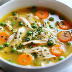To make the ultimate homemade chicken soup, gather these key ingredients: - 1 whole chicken (approximately 3-4 lbs), thoroughly cleaned - 8 cups chicken broth (or substitute with water) - 2 tablespoons extra virgin olive oil - 1 large onion, finely diced - 3 garlic cloves, minced - 3 large carrots, peeled and sliced into rounds - 3 celery stalks, sliced - 1 teaspoon dried thyme - 1 teaspoon dried rosemary - 1 aromatic bay leaf - Salt and freshly ground black pepper, to taste - 1 cup frozen peas - 1 cup egg noodles or rice (optional) - Fresh parsley, finely chopped (for garnish) You can add more flavor and nutrition with these optional ingredients: - 1 cup corn, frozen or fresh - 1-2 potatoes, diced - 1 cup green beans, trimmed and cut These ingredients can make the soup heartier and more colorful. If you have allergies or dietary needs, here are some easy swaps: - Chicken: Use turkey or vegetable protein for a different flavor. - Broth: If you need it vegetarian, use vegetable broth instead. - Noodles or Rice: Substitute with gluten-free pasta or quinoa. - Oil: Use avocado oil or coconut oil instead of olive oil for different fats. These substitutions will ensure everyone can enjoy this delicious soup! {{ingredient_image_2}} To start, gather all your ingredients. You need a whole chicken, chicken broth, olive oil, onion, garlic, carrots, celery, thyme, rosemary, a bay leaf, salt, pepper, frozen peas, and optional noodles or rice. 1. Chop the Vegetables: Dice the onion and mince the garlic. Peel and slice the carrots into rounds. Slice the celery stalks. This makes cooking easier later. 2. Heat the Oil: In a large pot, pour in the olive oil. Heat it over medium heat until hot. 3. Saut&eacute; the Base: Add the diced onion and minced garlic to the pot. Cook for about 3-4 minutes. The onion should become soft and fragrant. 4. Add Carrots and Celery: Toss in the sliced carrots and celery. Stir them for about 5 minutes. This step adds flavor to your soup. 5. Pour in Broth: Next, pour in the chicken broth. If you want, you can use water. Turn the heat up until the mixture boils. 6. Add the Chicken: Gently place the whole chicken in the pot. Sprinkle in dried thyme, rosemary, and the bay leaf. Season with salt and pepper. Make sure the chicken is covered in broth. 7. Simmer: Lower the heat to a gentle simmer. Cover the pot with a lid. Let it cook for about 1 hour. The chicken must reach 165&deg;F and become tender. 8. Remove the Chicken: After an hour, carefully take the chicken out of the pot. Place it on a cutting board to cool down. 9. Shred the Chicken: Once cool enough, shred the chicken meat from the bones. Discard the skin and bones. Return the shredded meat to the soup. 10. Add Noodles or Rice: If you choose to add noodles or rice, do so now. Cook them as per package directions, usually 8-10 minutes. 11. Finish with Peas: Stir in the frozen peas and let them heat for about 2 minutes. Taste the soup and adjust the salt and pepper. 12. Remove Bay Leaf: Don&rsquo;t forget to take out the bay leaf before serving. Now you have a warm, tasty chicken soup ready to enjoy! To make your chicken soup shine, use fresh herbs. Fresh parsley adds a bright note. Adding a splash of lemon juice at the end can brighten flavors. For deeper taste, try roasting the chicken first. This adds a lovely richness to the broth. Another great tip is to saut&eacute; your onions and garlic slowly. This brings out their sweetness. Use high-quality chicken broth for the best base. If you use water, add more seasonings to boost the flavor. One common mistake is not seasoning enough. Salt enhances flavors, so taste as you go. Skipping the bay leaf can also dull the taste. Always remember to remove it before serving. Another mistake is overcooking the chicken. This can make it dry. Cook it just until tender, then shred it. Finally, avoid adding noodles too early. They can turn mushy if cooked too long. For a thicker soup, let it simmer longer. This reduces the liquid and thickens the broth. If it gets too thick, simply add more broth or water. When adding noodles or rice, cook them right in the soup. This allows them to absorb flavors. Stir gently to avoid breaking them. The goal is a comforting, hearty soup that feels just right. Pro Tips Use Quality Broth: For the best flavor, use a high-quality chicken broth or homemade stock. This will greatly enhance the richness of your soup. Shred Chicken Efficiently: Let the chicken cool slightly before shredding. Use two forks to pull the meat apart easily, ensuring even pieces for your soup. Customize Veggies: Feel free to add or substitute any vegetables you like, such as potatoes, green beans, or corn. This allows for a more personalized soup experience. Storage Tips: Store any leftovers in an airtight container in the fridge for up to 3 days. This soup also freezes well, making it perfect for meal prep. {{image_4}} You can boost your chicken soup's nutrition by adding more vegetables. Try these options: - Spinach: Add a few handfuls of fresh spinach near the end of cooking. It cooks quickly and adds iron. - Zucchini: Slice zucchini into rounds. Add it with the carrots for a fresh taste. - Bell Peppers: Dice any color bell pepper and saut&eacute; it with the onion. It adds sweetness. - Corn: Add canned or frozen corn for a sweet crunch. Toss it in with the peas. Adding these vegetables not only enhances the flavor but also packs your soup with vitamins. If you want to change it up, consider different proteins. Here are some tasty options: - Turkey: Use a whole turkey instead of chicken. It gives a rich flavor and works well. - Tofu: For a vegetarian option, add cubed tofu. It absorbs flavors and is good for you. - Shrimp: Toss in cooked shrimp at the end. They cook fast and add a nice twist. These proteins keep the heart of the soup but offer new tastes and textures. Do you like a bit of heat? Spice things up with these ideas: - Red Pepper Flakes: Add a pinch when you saut&eacute; the onion. It gives a warm kick. - Jalape&ntilde;os: Dice fresh jalape&ntilde;os and add them with the garlic. Adjust the amount based on your spice level. - Hot Sauce: Drizzle your favorite hot sauce into each bowl before serving. It lets everyone customize their heat. These spicy variations can turn your comforting soup into a bold dish! After enjoying your soup, let it cool completely. Transfer it to an airtight container. Label the container with the date. Store it in the fridge for up to four days. This helps keep it fresh and tasty. If you want to save it longer, consider freezing. To freeze your chicken soup, use freezer-safe containers or bags. Leave some space at the top to allow for expansion. You can freeze it for up to three months. When you are ready to eat it, just thaw it in the fridge overnight. When reheating, do it slowly on the stove over low heat. Stir often to prevent it from sticking. If the soup is too thick, add a bit of water or broth. For microwave reheating, use a microwave-safe bowl. Heat in short bursts, stirring in between, to ensure even warming. Enjoy your comforting bowl of chicken soup! You can use chicken parts like thighs or breasts. Just make sure to use about 2-3 pounds. Saut&eacute; the parts in olive oil until golden. Add your veggies and broth, then simmer until the chicken is tender. This method makes a tasty soup without needing a whole chicken. Yes, store-bought broth works great too! Look for low-sodium options for better control over salt. You can also enhance the flavor by adding fresh herbs or more garlic. Just remember to taste as you go so it meets your liking. Homemade chicken soup offers many benefits. It provides protein from the chicken, which helps your body repair tissues. The veggies add vitamins and minerals that support health. Plus, warm soup can soothe a sore throat and keep you hydrated. It's comfort food that truly nourishes! In this post, we covered the main ingredients for chicken soup, including what to use and how to adjust for allergies. I walked you through the cooking steps and shared tips for flavor and texture. We also explored fun variations and storage methods. Chicken soup is simple but offers many ways to make it your own. Remember, each step adds layers of taste. Enjoy creating your perfect bowl of comfort.