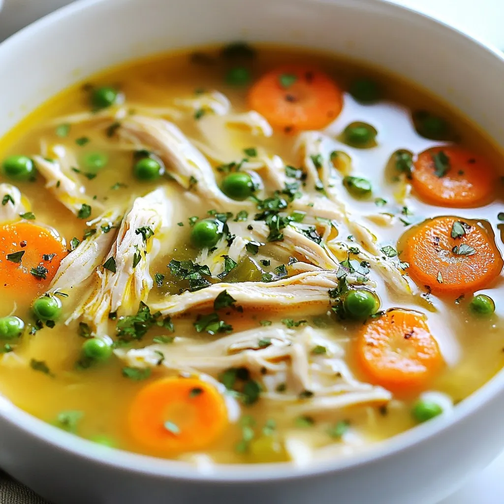 To make the ultimate homemade chicken soup, gather these key ingredients: - 1 whole chicken (approximately 3-4 lbs), thoroughly cleaned - 8 cups chicken broth (or substitute with water) - 2 tablespoons extra virgin olive oil - 1 large onion, finely diced - 3 garlic cloves, minced - 3 large carrots, peeled and sliced into rounds - 3 celery stalks, sliced - 1 teaspoon dried thyme - 1 teaspoon dried rosemary - 1 aromatic bay leaf - Salt and freshly ground black pepper, to taste - 1 cup frozen peas - 1 cup egg noodles or rice (optional) - Fresh parsley, finely chopped (for garnish) You can add more flavor and nutrition with these optional ingredients: - 1 cup corn, frozen or fresh - 1-2 potatoes, diced - 1 cup green beans, trimmed and cut These ingredients can make the soup heartier and more colorful. If you have allergies or dietary needs, here are some easy swaps: - Chicken: Use turkey or vegetable protein for a different flavor. - Broth: If you need it vegetarian, use vegetable broth instead. - Noodles or Rice: Substitute with gluten-free pasta or quinoa. - Oil: Use avocado oil or coconut oil instead of olive oil for different fats. These substitutions will ensure everyone can enjoy this delicious soup! {{ingredient_image_2}} To start, gather all your ingredients. You need a whole chicken, chicken broth, olive oil, onion, garlic, carrots, celery, thyme, rosemary, a bay leaf, salt, pepper, frozen peas, and optional noodles or rice. 1. Chop the Vegetables: Dice the onion and mince the garlic. Peel and slice the carrots into rounds. Slice the celery stalks. This makes cooking easier later. 2. Heat the Oil: In a large pot, pour in the olive oil. Heat it over medium heat until hot. 3. Sauté the Base: Add the diced onion and minced garlic to the pot. Cook for about 3-4 minutes. The onion should become soft and fragrant. 4. Add Carrots and Celery: Toss in the sliced carrots and celery. Stir them for about 5 minutes. This step adds flavor to your soup. 5. Pour in Broth: Next, pour in the chicken broth. If you want, you can use water. Turn the heat up until the mixture boils. 6. Add the Chicken: Gently place the whole chicken in the pot. Sprinkle in dried thyme, rosemary, and the bay leaf. Season with salt and pepper. Make sure the chicken is covered in broth. 7. Simmer: Lower the heat to a gentle simmer. Cover the pot with a lid. Let it cook for about 1 hour. The chicken must reach 165°F and become tender. 8. Remove the Chicken: After an hour, carefully take the chicken out of the pot. Place it on a cutting board to cool down. 9. Shred the Chicken: Once cool enough, shred the chicken meat from the bones. Discard the skin and bones. Return the shredded meat to the soup. 10. Add Noodles or Rice: If you choose to add noodles or rice, do so now. Cook them as per package directions, usually 8-10 minutes. 11. Finish with Peas: Stir in the frozen peas and let them heat for about 2 minutes. Taste the soup and adjust the salt and pepper. 12. Remove Bay Leaf: Don’t forget to take out the bay leaf before serving. Now you have a warm, tasty chicken soup ready to enjoy! To make your chicken soup shine, use fresh herbs. Fresh parsley adds a bright note. Adding a splash of lemon juice at the end can brighten flavors. For deeper taste, try roasting the chicken first. This adds a lovely richness to the broth. Another great tip is to sauté your onions and garlic slowly. This brings out their sweetness. Use high-quality chicken broth for the best base. If you use water, add more seasonings to boost the flavor. One common mistake is not seasoning enough. Salt enhances flavors, so taste as you go. Skipping the bay leaf can also dull the taste. Always remember to remove it before serving. Another mistake is overcooking the chicken. This can make it dry. Cook it just until tender, then shred it. Finally, avoid adding noodles too early. They can turn mushy if cooked too long. For a thicker soup, let it simmer longer. This reduces the liquid and thickens the broth. If it gets too thick, simply add more broth or water. When adding noodles or rice, cook them right in the soup. This allows them to absorb flavors. Stir gently to avoid breaking them. The goal is a comforting, hearty soup that feels just right. Pro Tips Use Quality Broth: For the best flavor, use a high-quality chicken broth or homemade stock. This will greatly enhance the richness of your soup. Shred Chicken Efficiently: Let the chicken cool slightly before shredding. Use two forks to pull the meat apart easily, ensuring even pieces for your soup. Customize Veggies: Feel free to add or substitute any vegetables you like, such as potatoes, green beans, or corn. This allows for a more personalized soup experience. Storage Tips: Store any leftovers in an airtight container in the fridge for up to 3 days. This soup also freezes well, making it perfect for meal prep. {{image_4}} You can boost your chicken soup's nutrition by adding more vegetables. Try these options: - Spinach: Add a few handfuls of fresh spinach near the end of cooking. It cooks quickly and adds iron. - Zucchini: Slice zucchini into rounds. Add it with the carrots for a fresh taste. - Bell Peppers: Dice any color bell pepper and sauté it with the onion. It adds sweetness. - Corn: Add canned or frozen corn for a sweet crunch. Toss it in with the peas. Adding these vegetables not only enhances the flavor but also packs your soup with vitamins. If you want to change it up, consider different proteins. Here are some tasty options: - Turkey: Use a whole turkey instead of chicken. It gives a rich flavor and works well. - Tofu: For a vegetarian option, add cubed tofu. It absorbs flavors and is good for you. - Shrimp: Toss in cooked shrimp at the end. They cook fast and add a nice twist. These proteins keep the heart of the soup but offer new tastes and textures. Do you like a bit of heat? Spice things up with these ideas: - Red Pepper Flakes: Add a pinch when you sauté the onion. It gives a warm kick. - Jalapeños: Dice fresh jalapeños and add them with the garlic. Adjust the amount based on your spice level. - Hot Sauce: Drizzle your favorite hot sauce into each bowl before serving. It lets everyone customize their heat. These spicy variations can turn your comforting soup into a bold dish! After enjoying your soup, let it cool completely. Transfer it to an airtight container. Label the container with the date. Store it in the fridge for up to four days. This helps keep it fresh and tasty. If you want to save it longer, consider freezing. To freeze your chicken soup, use freezer-safe containers or bags. Leave some space at the top to allow for expansion. You can freeze it for up to three months. When you are ready to eat it, just thaw it in the fridge overnight. When reheating, do it slowly on the stove over low heat. Stir often to prevent it from sticking. If the soup is too thick, add a bit of water or broth. For microwave reheating, use a microwave-safe bowl. Heat in short bursts, stirring in between, to ensure even warming. Enjoy your comforting bowl of chicken soup! You can use chicken parts like thighs or breasts. Just make sure to use about 2-3 pounds. Sauté the parts in olive oil until golden. Add your veggies and broth, then simmer until the chicken is tender. This method makes a tasty soup without needing a whole chicken. Yes, store-bought broth works great too! Look for low-sodium options for better control over salt. You can also enhance the flavor by adding fresh herbs or more garlic. Just remember to taste as you go so it meets your liking. Homemade chicken soup offers many benefits. It provides protein from the chicken, which helps your body repair tissues. The veggies add vitamins and minerals that support health. Plus, warm soup can soothe a sore throat and keep you hydrated. It's comfort food that truly nourishes! In this post, we covered the main ingredients for chicken soup, including what to use and how to adjust for allergies. I walked you through the cooking steps and shared tips for flavor and texture. We also explored fun variations and storage methods. Chicken soup is simple but offers many ways to make it your own. Remember, each step adds layers of taste. Enjoy creating your perfect bowl of comfort.