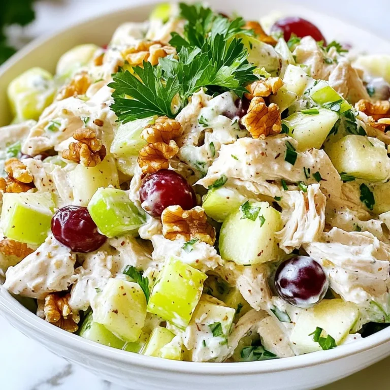 - 2 cups cooked chicken, shredded - 1/2 cup creamy mayonnaise - 1/4 cup plain Greek yogurt - 1 tablespoon Dijon mustard - 1/4 cup celery, finely chopped - 1/4 cup red grapes, halved - 1/4 cup green apple, diced - 1/4 cup walnuts, chopped - Salt and pepper to taste - Fresh parsley, finely chopped I chose cooked chicken for its rich flavor. It serves as the main protein. The creamy mayonnaise gives a smooth texture. I add Greek yogurt for a tangy taste that brightens the dish. Dijon mustard adds a zesty kick. Crunchy celery provides a nice bite. Sweet red grapes bring a pop of flavor. The green apple adds a fresh zing that balances the sweetness. Walnuts give a nutty crunch that complements the other ingredients. Lastly, salt and pepper enhance all the flavors, while parsley adds a fresh touch. You can switch out the chicken for tofu or chickpeas for a vegan option. Use avocado instead of mayo for a healthier fat source. If you want a lighter salad, replace mayonnaise with more Greek yogurt. For nut allergies, skip the walnuts or use sunflower seeds. You can also swap out the grapes for dried cranberries for a different sweet flavor. Enjoy customizing your salad to fit your needs while keeping it delicious! {{ingredient_image_2}} To make your chicken salad, start with cooked chicken. I recommend using rotisserie chicken. It saves time and adds great flavor. Shred two cups of this chicken into a large mixing bowl. Next, add half a cup of creamy mayonnaise. This gives your salad a rich base. Then, mix in a quarter cup of plain Greek yogurt. It adds a nice tang to the dish. Finally, stir in one tablespoon of Dijon mustard. This gives a lovely kick to the flavor. When mixing, use a gentle folding method. This keeps your chicken and other ingredients intact. After adding the chopped celery, red grapes, green apple, and walnuts, stir carefully. You want to combine them well but avoid breaking them apart. This way, each bite gives you a wonderful mix of textures. After everything is well combined, season with salt and pepper. Adjust these based on your taste. Chilling your chicken salad is key. Cover the bowl with plastic wrap. Place it in the fridge for at least 30 minutes. This allows the flavors to blend beautifully. Chilling also enhances the texture, making it more enjoyable. When ready to serve, gently stir the salad again. Garnish with fresh parsley for a pop of color. Enjoy your creamy chicken salad on its own or with crisp lettuce. To make your chicken salad even better, use fresh herbs. Chopped dill or parsley adds brightness. A squeeze of lemon juice gives a nice tang. If you like spice, add a pinch of cayenne or paprika. For more crunch, try adding sliced almonds or chopped bell peppers. Mix your ingredients gently to keep the chicken pieces whole. This keeps the salad light and fluffy. You can serve chicken salad in many ways. For a picnic, pack it in a cooler with some crusty bread. It makes a great sandwich. For a fancy dinner, serve it on a bed of lettuce. You can also use small cups for appetizers at a party. Guests will love the bite-sized portions. If you want to make it special, top it with edible flowers. Chicken salad goes well with many sides. Pair it with crispy potato chips for a crunchy contrast. A light soup, like tomato or vegetable, makes a nice match too. If you want something sweeter, serve it with fruit salad. A glass of iced tea or lemonade complements the dish well. These pairings make your meal feel complete and satisfying. Pro Tips Use Leftover Chicken: This recipe is perfect for utilizing any leftover roasted or rotisserie chicken, saving time and reducing waste. Customize Your Ingredients: Feel free to substitute or add other fruits and nuts like cranberries or almonds for a personalized twist. Chill for Flavor: Allowing the chicken salad to chill helps the flavors meld together, making it even more delicious. Serving Suggestions: Serve this salad on whole grain bread or in a wrap for a hearty meal, or enjoy it with crackers for a light snack. {{image_4}} You can easily make chicken salad healthier. Swap creamy mayonnaise for avocado or hummus. This change cuts calories and adds healthy fats. Using Greek yogurt instead of mayo also boosts protein. You can use shredded carrots or chopped bell peppers for extra crunch. These add color and nutrients without too many calories. Do you want to change the taste? Try adding fresh herbs like dill or cilantro. These herbs give a bright flavor. You can also use spices like paprika or curry powder for a unique twist. If you like it sweet, add a splash of honey or maple syrup. This addition will balance the flavors well. If you need more protein, mix in chickpeas or white beans. These add fiber and make the salad heartier. For those who want a low-carb option, serve it on lettuce instead of bread. You can also add avocado for healthy fats. Each choice adds a new layer of taste and nutrition. I love making chicken salad ahead of time. To store it, use an airtight container. This keeps it fresh and prevents any odors from getting in. Always place the chicken salad in the fridge right after you make it. It should stay cool and safe to eat. Ensure the salad is covered tightly. This helps keep the creamy texture intact. To make your chicken salad last longer, check the ingredients. Using fresh chicken is key. If you use cooked chicken that is a few days old, the salad may not last. The chicken salad will last about three to four days in the fridge. If you want to keep it longer, you can freeze it. Just make sure to use a freezer-safe container. When ready to eat, thaw it in the fridge overnight. I prefer to eat chicken salad cold, but if you want to reheat it, do so gently. Place it in a pan over low heat. Stir often to keep it from burning. You can also add a bit of mayonnaise or yogurt if it looks dry. Serve chicken salad on crisp lettuce or in a sandwich. It's a great meal for lunch or a picnic. Enjoying it with fresh veggies or crackers makes it even better! The best chicken for chicken salad is cooked chicken. You can use rotisserie chicken or poach your own. Shredded chicken works best because it mixes well with other ingredients. I often use breast meat for its lean texture. However, you can also use thighs for a richer flavor. Yes, you can make chicken salad in advance. It tastes even better after chilling. I recommend making it a day ahead. Just store it in the fridge until you're ready to serve. This lets the flavors blend nicely. You can store chicken salad in the fridge for about three to five days. Make sure to keep it in a sealed container. If you see any odd smell or color, it’s best to toss it. Always check for freshness before eating. This blog covered how to make the perfect chicken salad. We explored key ingredients, preparation steps, and important chilling times. I shared helpful tips for enhancing flavor and gave storage advice. You learned about healthy twists and ways to customize your dish. In the end, chicken salad can be simple or fancy. Use what you love and make it your own. Enjoy your culinary adventure!