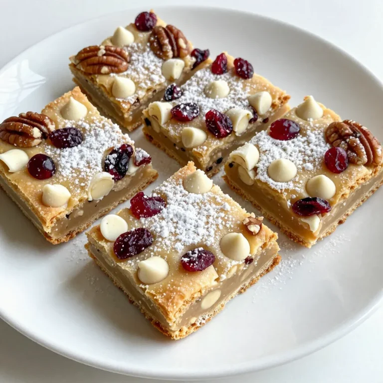 - 1 cup unsalted butter, softened to room temperature - 1 cup packed brown sugar - 1/2 cup granulated sugar - 2 large eggs, at room temperature - 1 teaspoon pure vanilla extract - 3 cups all-purpose flour - 1 teaspoon baking powder - 1/2 teaspoon salt - 1 teaspoon ground cinnamon - 1/2 teaspoon ground nutmeg - 1 cup white chocolate chips - 1 cup dried cranberries - 1/2 cup chopped pecans or walnuts When I make these Christmas cookie bars, I focus on quality. The unsalted butter adds creaminess, while both sugars give a sweet depth. Use fresh eggs for the best texture. Vanilla extract enhances the flavor and makes it warm. For the dry mix, all-purpose flour is key. It creates the right structure. Baking powder helps the bars rise. Salt balances the sweetness. Cinnamon and nutmeg bring that festive spice. The best part? The mix-ins! White chocolate chips add a sweet touch. Dried cranberries give a tangy bite. Chopped nuts add crunch and richness. You can mix and match the nuts if you like. Gather these ingredients before starting. This will make your baking process smooth and fun! {{ingredient_image_2}} 1. Preheat your oven to 350°F (175°C). Prepare a 9x13-inch baking pan. You can grease it with butter or use parchment paper for easy removal. 2. In a large bowl, mix 1 cup of softened unsalted butter with 1 cup of packed brown sugar and 1/2 cup of granulated sugar. Use an electric mixer to cream them on medium speed. Do this for 2-3 minutes until the mix is fluffy. 3. Add 2 large eggs, one at a time. Mix well after each egg. Stir in 1 teaspoon of pure vanilla extract until everything blends well. 1. In a different bowl, whisk together 3 cups of all-purpose flour, 1 teaspoon of baking powder, 1/2 teaspoon of salt, 1 teaspoon of ground cinnamon, and 1/2 teaspoon of ground nutmeg. This helps to mix all the dry ingredients evenly. 1. Gradually add the dry mix to the wet mix in your large bowl. Use low speed on your mixer. Mix just until combined; don’t overmix. The dough should feel thick and slightly crumbly. 2. Gently fold in 1 cup of white chocolate chips, 1 cup of dried cranberries, and 1/2 cup of chopped pecans or walnuts. Use a spatula to evenly distribute the mix-ins. 3. Transfer the cookie dough into your prepared baking pan. Press the dough into an even layer with your spatula, smoothing the top for a uniform finish. 1. Place the pan in your preheated oven and bake for 25-30 minutes. The edges should turn golden brown. A toothpick inserted in the center should come out clean. 2. Once baked, take the pan out of the oven. Allow the bars to cool in the pan for about 10 minutes. If you used parchment paper, lift the bars out and place them on a wire rack to cool completely. Then, cut into squares or rectangles. To make the best cookie bars, start with the right dough. The dough should be thick and slightly crumbly. If it feels too wet, add a little more flour. If it feels too dry, you may need more butter. Mixing is key, too. Avoid overmixing after adding the dry ingredients. Stir just until combined. This helps keep the bars soft and chewy. A little decoration goes a long way. For a festive touch, arrange your cookie bars on a bright platter. Dust the tops lightly with powdered sugar for a snowy look. You can also add fun garnishes. Use fresh holly leaves or colorful candy canes. These small touches make your cookie bars stand out at any holiday gathering! Pro Tips Use Room Temperature Ingredients: Make sure your butter and eggs are at room temperature before mixing. This helps create a smoother batter and better texture in the final product. Don’t Overmix the Dough: Mix the wet and dry ingredients just until combined. Overmixing can lead to tough cookie bars, so be gentle when folding in the add-ins. Customize Your Add-Ins: Feel free to swap out the cranberries and nuts for your favorite dried fruits or nuts. This recipe is versatile and can be adjusted to your taste preferences! Check for Doneness: Ovens can vary, so start checking for doneness at the 25-minute mark. The edges should be golden brown, and a toothpick inserted in the center should come out clean. {{image_4}} You can easily change the taste of your Christmas cookie bars. Adding peppermint extract gives a fresh twist. Just use about 1 teaspoon for a nice minty flavor. It pairs well with chocolate. You can switch out the white chocolate chips for dark chocolate chips. Dark chocolate adds richness and depth. If you like nuts, try using different types. Almonds or hazelnuts can make your bars unique. Many people want options that fit their needs. For gluten-free cookie bars, you can swap all-purpose flour for a gluten-free blend. Make sure the blend contains xanthan gum for the best texture. If you need a vegan option, replace eggs with flax eggs. Mix 1 tablespoon of ground flaxseed with 2.5 tablespoons of water. Let it sit for about five minutes to thicken. For butter, use coconut oil or vegan butter. These changes let everyone enjoy your festive treat! After baking, let your cookie bars cool on a wire rack. This helps air circulate around them. It stops the bars from getting soggy on the bottom. Cooling on a rack takes about 30 minutes, which is perfect for letting them set. For the best storage, place your cookie bars in an airtight container. Wrap them in plastic wrap first for extra protection. You can store them at room temperature for up to five days. If you keep them in the fridge, they can last for about a week. Just make sure to let them come to room temp before serving. To freeze your cookie bars, first let them cool completely. Cut them into squares or rectangles. Place the pieces in a single layer on a baking sheet. Freeze them for about two hours. After that, move them to a freezer bag or container. They can stay frozen for up to three months. When you’re ready to eat, just take them out and let them defrost at room temperature for about 30 minutes. Yes, you can make these cookie bars ahead of time. Simply bake them and let them cool. Store them in an airtight container for up to five days. This helps the flavors blend well. To cut the bars evenly, first cool them completely. Use a sharp knife for clean cuts. You can also run the knife under hot water before cutting. This method helps prevent sticking. I recommend using dried cranberries for the best texture and sweetness. Fresh fruit can add moisture, making the bars soggy. If you want to experiment, try using small amounts of dried fruit. To keep the cookie bars moist, don't overbake them. Check for doneness a few minutes early. Also, using room temperature ingredients helps create a softer texture. Yes, you can easily make these bars nut-free. Just omit the nuts or replace them with seeds like sunflower seeds or pumpkin seeds. They add crunch and flavor without the allergens. Now you know how to make delicious cookie bars. We covered the key ingredients, step-by-step mixing, and baking processes. You learned tips for perfecting your bars and fun decoration ideas. We also discussed variations to suit different tastes and dietary needs. Proper cooling and storage will keep your treats fresh. Finally, I answered common questions to help you succeed. Enjoy baking and sharing these tasty cookie bars with friends!