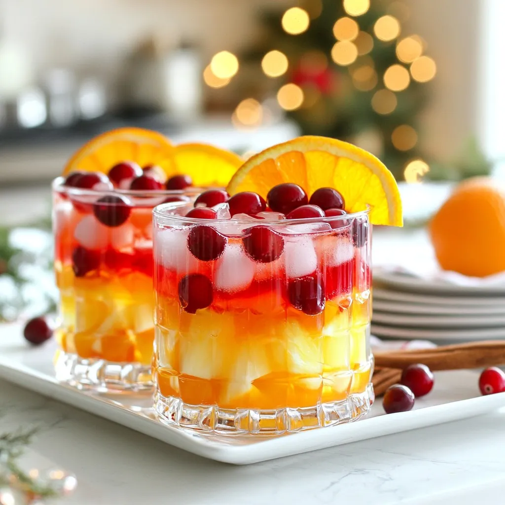 Here are the ingredients to make Christmas Morning Punch. Each one adds a special taste. - 4 cups cranberry juice - 2 cups freshly squeezed orange juice - 1 cup pineapple juice - 2 cups ginger ale (or sparkling water) - 1/4 cup fresh mint leaves, finely chopped - 1/2 cup fresh cranberries (for garnish) - 1 orange, thinly sliced (for garnish) - 1 cinnamon stick (for garnish) Cranberry juice gives a rich color and tartness. Fresh orange juice adds bright citrus flavor. Pineapple juice adds sweetness and a tropical twist. Ginger ale or sparkling water brings fizz and lightness. Mint leaves give a refreshing touch. Fresh cranberries and orange slices make it beautiful. The cinnamon stick adds warmth and spice. Gather these ingredients for a fun and festive drink. It’s perfect for Christmas morning or any holiday party. {{ingredient_image_2}} - First, gather your ingredients. I use a large pitcher for this punch. - Combine 4 cups of cranberry juice, 2 cups of fresh orange juice, and 1 cup of pineapple juice in the pitcher. Stir it well. - Next, take 1/4 cup of finely chopped fresh mint leaves and gently fold them into the juice mix. This will add a lovely, fresh taste. - Let the mixture sit for about 10 minutes. This step helps the flavors blend beautifully. - Just before serving, slowly pour in 2 cups of ginger ale or sparkling water. This adds a nice fizz to your punch. - Prepare your serving glasses by filling each one with ice cubes. This keeps the punch nice and cold. - Pour the punch over the ice, filling each glass about three-quarters full. - For a festive touch, garnish each glass with fresh cranberries, a slice of orange, and a cinnamon stick. This makes the punch look as good as it tastes. - Serve immediately and enjoy the refreshing taste of your Christmas Morning Punch! To get the best taste from your punch, let the mint steep longer. This makes the mint flavor much stronger and fresher. A good rule is to steep it for at least 15 minutes. Also, chill the juices before mixing them. Cold juices help keep the punch refreshing and crisp. Using clear glasses makes the drink look bright and festive. You can see the vibrant colors of the punch, which adds to the holiday cheer. For a fun twist, try using alternative garnishes. You can add pomegranate seeds or star anise to enhance the look and taste. These small changes can make your punch stand out and impress your guests. Pro Tips Chill Your Juices: Make sure to chill your juices in advance for a refreshing punch that stays cool longer. Mint Infusion: For a stronger mint flavor, muddle the mint leaves gently before adding them to the juice mixture. Customize Your Garnish: Feel free to add other festive garnishes like pomegranate seeds or star anise for a unique twist. Serving Suggestions: Serve the punch in clear glasses to showcase the beautiful colors and garnishes for a stunning presentation. {{image_4}} You can make this punch even more festive by adding alcohol. Sparkling wine or rum works great. For sparkling wine, use a dry Prosecco or Champagne. This adds a bubbly charm to the drink. If you choose rum, light rum blends well with the fruity flavors. When adding alcohol, start with a small amount. About one cup of wine or rum is a good start. You can adjust based on taste. If your guests prefer stronger drinks, add more. Always remember to stir gently to keep the fizz. Not everyone drinks alcohol, and that's okay! You can make a kid-friendly version too. Just stick to the juices and ginger ale. For a fun twist, add extra fruit like berries or diced apples. If you want a lighter drink, switch ginger ale for sparkling water. This keeps the refreshing taste while being a bit less sweet. You can also mix different juices. Try apple juice or grape juice for a unique flavor. To store leftover punch, pour it into a clean pitcher. Cover it tightly with plastic wrap or a lid. This keeps the punch fresh. Place it in the fridge right away. It should stay good for about three days. If you notice any change in color or smell, it is best to toss it. To maintain the fizz, do not add all the ginger ale at once. Keep some ginger ale aside. Add it to individual glasses when you serve. This will keep your drink bubbly and fun! Use a glass pitcher for storing your punch. It looks pretty and lets you see the colors. A sealed container also works well but may not look as nice. For the best taste, drink the punch within three days. The flavors stay fresh and bright. After that, the taste may fade, and the fizz will go flat. Enjoy your Christmas Morning Punch fresh for the best experience! Yes, you can make the punch a day ahead. Mix the juices and mint leaves, then chill. Store it in the fridge. Just add the ginger ale right before serving. This keeps the fizz fresh and bubbly. Absolutely! You can make a low-sugar version. Use unsweetened cranberry juice and less pineapple juice. For a non-citrus option, switch to apple juice. Both choices keep the punch tasty and festive. This punch pairs well with many foods. Serve it with brunch dishes like pancakes, waffles, or a fruit salad. It also complements savory options like quiches or breakfast casseroles. The mix of flavors will impress your guests! This blog post details how to create a refreshing Christmas Morning Punch. You learned the key ingredients, preparation steps, and storage tips. By experimenting with variations, you can cater to different tastes. Don’t forget to garnish for a festive touch. Whether you enjoy it with or without alcohol, this punch is perfect for holiday gatherings. Now you can impress friends and family with this fun and easy drink. Enjoy your holiday moments!