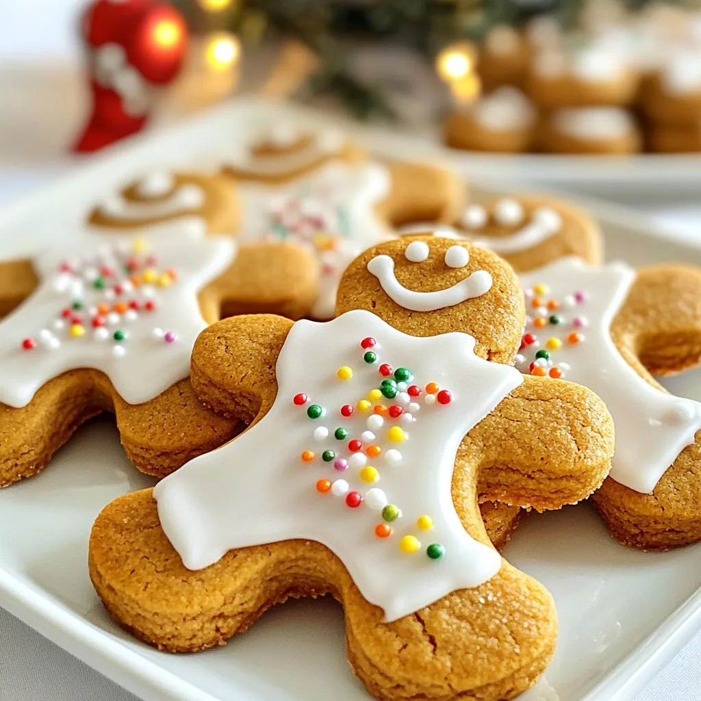 - 3 cups all-purpose flour - 1 teaspoon baking soda - 2 teaspoons ground ginger - 2 teaspoons ground cinnamon - 1 teaspoon ground cloves - ½ teaspoon salt - ¾ cup unsalted butter, softened to room temperature - ¾ cup packed brown sugar - 1 large egg, at room temperature - ½ cup unsulfured molasses - 1 teaspoon pure vanilla extract - 1 cup powdered sugar (for decoration) - Sprinkles or edible decorations (optional for a festive touch) Gathering the right ingredients is key to making soft gingerbread man cookies. You want to start with all-purpose flour as your base. It gives the cookies their structure. Baking soda helps them rise and become soft. The ground ginger, cinnamon, and cloves give the cookies that warm, spicy flavor we all love. Don't forget the salt; it balances the sweetness. For the wet mix, use unsalted butter at room temperature. This makes it easy to cream with brown sugar. The brown sugar adds moisture and a rich flavor. The egg binds everything together, while molasses brings a deep, sweet taste. Pure vanilla extract adds a lovely aroma. For decoration, powdered sugar is perfect for a sweet glaze. You can also use sprinkles or other edible decorations to make your cookies festive. These ingredients will transform your kitchen into a holiday wonderland! {{ingredient_image_2}} First, gather your dry ingredients. In a medium bowl, whisk together: - 3 cups all-purpose flour - 1 teaspoon baking soda - 2 teaspoons ground ginger - 2 teaspoons ground cinnamon - 1 teaspoon ground cloves - ½ teaspoon salt Mix these well and set aside to let the spices blend. Next, let’s cream the butter and sugar. In a large bowl, beat together: - ¾ cup unsalted butter, softened - ¾ cup packed brown sugar Use an electric mixer for about 2-3 minutes. You want it light and fluffy. Now, combine the wet ingredients. Add: - 1 large egg, at room temperature - ½ cup unsulfured molasses - 1 teaspoon pure vanilla extract Beat until smooth and glossy. Gradually add the dry mix to the butter-sugar mix. Stir gently until you form a soft dough. Be careful not to overmix. Divide the dough into two equal discs. Wrap each one in plastic wrap. Chill them in the fridge for at least 1 hour. You can chill them overnight for even better flavor. Preheat your oven to 350°F (175°C). Line a baking sheet with parchment paper to stop sticking. Roll out one disc of dough on a floured surface. Aim for about ¼ inch thick. Use cookie cutters to cut out gingerbread man shapes. Carefully place the cut-out cookies onto your prepared baking sheet. Leave enough space between them since they will spread. Bake for 8-10 minutes. The edges should feel firm, but the centers will be soft. Don’t overbake them for the best texture. After baking, cool the cookies on the sheet for about 5 minutes. Then, transfer them to a wire rack to cool completely. Once they are cool, mix powdered sugar with a little water to make a smooth glaze. Decorate the cookies with this glaze and add sprinkles if you like. Chilling the dough is key for soft gingerbread man cookies. When you chill the dough, it firms up. This helps the cookies keep their shape while baking. If you skip this step, the cookies may spread too much. Aim for at least one hour in the fridge. Avoiding overmixing is also important. When you mix the dough, stop once it comes together. Overmixing can make the cookies tough. Gently fold the dry ingredients into the wet mixture. This keeps the cookies soft and chewy. For even baking, make sure your oven is preheated to 350°F (175°C). Use an oven thermometer to check the temperature. This ensures the cookies bake evenly. Also, line your baking sheet with parchment paper. This helps the cookies not stick. Adjust the baking time based on cookie size. Smaller cookies bake faster, while larger ones take longer. Keep an eye on them. When the edges are firm and the centers are soft, they are ready. To prepare the glaze, mix powdered sugar with a few teaspoons of water. Stir until it is smooth and easy to drizzle. This glaze adds a sweet touch to your cookies. Get creative with decorations! Use sprinkles, edible glitter, or colored icing. You can even use small candies for eyes and buttons. Let your imagination shine through. Each cookie can have its own unique look! Pro Tips Chill the Dough: Chilling the dough not only enhances the flavor but also makes it easier to roll out and cut into shapes. Use Fresh Spices: For the best flavor, use fresh ground spices rather than pre-ground ones, as they lose potency over time. Watch the Baking Time: Keep an eye on the cookies while baking; they should be firm around the edges but still soft in the center for the perfect texture. Decorate with Care: Allow the cookies to cool completely before decorating to prevent the icing from melting and losing its shape. {{image_4}} You can make your soft gingerbread man cookies even more fun by adding chocolate chips. Just fold in about 1 cup of semi-sweet chocolate chips when you mix the dough. This adds a rich, sweet twist that kids love. Another idea is to try different spices. While ginger, cinnamon, and cloves are classic, you might add nutmeg or cardamom. Experimenting with spices can create a unique taste. You can even reduce the ginger and increase the cinnamon for a warmer flavor. For a gluten-free version, swap the all-purpose flour with a gluten-free blend. Many blends work well in cookie recipes. Just make sure it contains xanthan gum. This helps the cookies hold together. If you prefer vegan options, replace the butter with a plant-based alternative. You can use coconut oil or a vegan butter spread. Substitute the egg with a flaxseed egg, made by mixing 1 tablespoon of ground flaxseed with 2.5 tablespoons of water. Let this sit for a few minutes to thicken. Decorating your cookies can be a delightful activity. You can create holiday-themed decorations using colored icing and sprinkles. Consider using red and green for Christmas or pastel colors for spring. For seasonal variations, think about different shapes and colors. Use heart shapes for Valentine’s Day or pumpkin shapes for Halloween. This adds fun and creativity to your baking and makes each batch special. To keep your soft gingerbread man cookies fresh, store them in an airtight container. This locks in moisture and flavor. You can layer the cookies with parchment paper to prevent sticking. For best results, keep them at room temperature. They stay fresh for up to one week. If you want to keep them longer, consider freezing. You can freeze both unbaked and baked cookies. For unbaked cookies, shape them and place them on a baking sheet. Freeze until firm, then transfer them to a freezer bag. They can last up to three months. For baked cookies, let them cool completely. Place them in an airtight container or bag before freezing. To thaw, simply take them out and let them sit at room temperature. Unbaked cookies can go straight into the oven, adding a few minutes to the bake time. Enjoy your delightful holiday treat whenever you like! To make soft gingerbread cookies, follow these tips: - Use room-temperature butter. It helps create a creamy mix. - Add enough molasses for moisture. This gives cookies a soft bite. - Chill the dough for at least an hour. This helps the cookies hold their shape. - Don’t overbake. Bake until edges are firm, but centers are soft. These steps ensure your cookies turn out chewy and soft, perfect for the holidays! Yes, you can use brown sugar instead of white sugar. Brown sugar adds a richer flavor. It also makes the cookies moister. You will notice a slight difference in color and taste. Brown sugar gives a deeper, caramel-like note. This enhances the overall gingerbread experience. If your dough is too sticky, here are some solutions: - Dust your work surface with extra flour. This helps when rolling out the dough. - Chill the dough longer. Cold dough is easier to handle. - Avoid adding too much flour. This can make cookies dry. These tips will help you manage sticky dough and enjoy baking! You’ve learned how to make delicious cookies from scratch. We covered the key ingredients, step-by-step instructions, and useful tips to ensure great results. You now know about flavor variations and how to store or freeze your cookies. Remember, the key to perfect cookies lies in chilling the dough and knowing your baking times. Try these recipes and methods to impress your friends and family. Enjoy your baking adventures and make sweet memories!