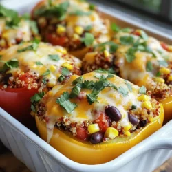 - 4 large bell peppers (any vibrant color) - 1 cup quinoa, well-rinsed - 2 cups vegetable broth - 1 can (15 oz) black beans, thoroughly drained and rinsed - 1 cup corn (fresh off the cob or frozen) - 1 medium onion, finely diced - 2 cloves garlic, minced - 1 teaspoon ground cumin - 1 teaspoon smoked paprika - 1 teaspoon chili powder - Sea salt and black pepper to taste - 1 cup diced tomatoes (freshly chopped or canned) - 1 cup shredded cheese (cheddar or a Mexican blend) - Fresh cilantro leaves, for vibrant garnishing - Additional vegetables or protein sources - Alternate cheese options Using these ingredients makes stuffed bell pepper boats fun and tasty. The colorful bell peppers are the perfect vessel for a hearty filling. Quinoa adds a nice texture and boosts nutrition. Black beans and corn bring fiber and sweetness. Onion and garlic add depth and flavor to every bite. Seasonings like cumin, paprika, and chili powder give the dish a warm kick. You can adjust these spices to match your taste. The shredded cheese melts beautifully on top, adding creaminess. Finally, fresh cilantro brightens up the dish and adds a pop of color. You can customize your peppers with different veggies or proteins, too. Try adding mushrooms, spinach, or even ground turkey. Switch up the cheese for something new like feta or goat cheese. This recipe is all about making it your own while keeping it delicious. {{ingredient_image_2}} 1. Start by preheating your oven to 375&deg;F (190&deg;C). This helps cook the peppers just right. 2. Take your bell peppers and slice off the tops. Be careful not to cut too deep. Remove all seeds and membranes. Stand them upright in a baking dish. They should be stable and ready for filling. 3. In a medium pot, bring 2 cups of vegetable broth to a boil. Add 1 cup of rinsed quinoa. Lower the heat and cover. Let it simmer for about 15 minutes. The quinoa will be fluffy when ready. Turn off the heat and let it sit for a few minutes. 1. While the quinoa cooks, heat a large skillet over medium heat. Add the diced onion and minced garlic. Cook for about 5 minutes, stirring often. You want them soft and fragrant. 2. Next, mix in the rinsed black beans, corn, and diced tomatoes. Add ground cumin, smoked paprika, chili powder, sea salt, and black pepper. Stir well and cook for another 5 minutes. This will heat everything through and blend the flavors. 3. Once the quinoa is done, gently fold it into the skillet mixture. Make sure all ingredients combine well. Taste it! Adjust seasoning if needed. 1. Now, it&rsquo;s time to fill the bell peppers. Spoon the quinoa mixture into each pepper. Press down a bit to pack it tightly. 2. Top each stuffed pepper with a layer of shredded cheese. This will melt and create a delicious topping. 3. Cover the dish with aluminum foil to keep moisture in. Bake in the oven for 25 minutes. After that, remove the foil and bake for another 10-15 minutes. The peppers should be tender, and the cheese will be bubbly. 4. When they are done, take the dish out of the oven. Let the stuffed peppers cool for a few minutes. Garnish each pepper with fresh cilantro leaves. This adds color and bright flavor. To cook quinoa perfectly, rinse it well under cold water. This removes the bitter coating. Then, boil it in vegetable broth for full flavor. Bring the broth to a boil first, then lower the heat. Let it simmer for about 15 minutes. Your quinoa should be fluffy and light. For even cooking, slice the tops off the bell peppers carefully. Remove all seeds and membranes. This creates the perfect space for filling. Stand the peppers upright in a baking dish. If they tip over, the filling may spill out. When serving, use a bright platter to catch the eye. Arrange the stuffed peppers neatly on it. Drizzle with extra virgin olive oil for shine. Sprinkle fresh cilantro on top for color. This makes your meal look even more inviting. For sides, pair the peppers with a fresh salad or rice. You can serve them with a mild sauce, like yogurt or salsa. These add extra flavor and make the meal more fun. A common mistake is overcooking or undercooking the peppers. Make sure to bake them just until tender. They should hold their shape but be easy to eat. Another mistake is insufficient seasoning. Always taste your filling before stuffing the peppers. Add more salt, pepper, or spices if needed. Flavorful filling makes a big difference in your dish. Pro Tips Choose Colorful Peppers: Selecting bell peppers in various colors not only enhances the visual appeal of your dish but also adds different subtle flavors to the mix. Cook Quinoa Properly: Ensure you rinse the quinoa thoroughly before cooking to remove its natural coating, which can make it taste bitter. This step is crucial for achieving a pleasant flavor. Customize Your Filling: Feel free to add other ingredients like chopped spinach, diced zucchini, or even cooked ground meat for a protein boost. Tailoring the filling to your taste can make the dish even more delightful. Experiment with Toppings: Besides cheese, consider adding avocado slices, sour cream, or a drizzle of hot sauce on top before serving for an extra layer of flavor and texture. {{image_4}} You can make stuffed bell pepper boats vegetarian-friendly by using different beans or legumes. Chickpeas or kidney beans are great choices. They add protein and texture to your dish. You can also add extra veggies for nutrition. Think about using zucchini, spinach, or mushrooms. These will boost flavor and color. If you need a gluten-free meal, you can substitute quinoa with rice or another grain. Brown rice or farro work well. Just make sure to cook them separately before mixing with your other ingredients. This way, you keep the same great taste while meeting dietary needs. For a protein-packed meal, consider incorporating ground meat or tofu. Both add heartiness to your stuffed peppers. Ground turkey or beef are excellent options. If you prefer plant-based protein, use crumbled tofu. You can also add shredded chicken or seafood like shrimp. These variations will make your stuffed bell pepper boats even more filling and delicious. To keep your stuffed bell pepper boats fresh, store them in airtight containers. This method helps prevent moisture loss and keeps flavors intact. When stored properly, they can last in the fridge for up to four days. Just make sure they are cool before sealing them to avoid condensation. You can freeze your stuffed bell pepper boats either before or after baking. If you freeze them unbaked, wrap each pepper tightly in plastic wrap, then place them in a container. This way, they stay fresh for up to three months. If you bake them first, let them cool completely, then wrap and freeze. To enjoy later, thaw them overnight in the fridge before reheating. To keep your stuffed bell peppers tasty, use the oven or microwave for reheating. For the oven, preheat to 350&deg;F (175&deg;C). Place the peppers in a baking dish with a sprinkle of water to keep them moist. Cover with foil and heat for about 20 minutes. If using a microwave, heat them for 2-3 minutes on high, checking often. This method helps maintain their flavor and soft texture. You can prep stuffed bell pepper boats in a few easy steps. Start by cutting the tops off the peppers and removing the seeds. You can do this a day before cooking. Store the peppers in the fridge. Cook the quinoa and the filling mixture ahead of time. Cool them down and keep them in airtight containers. On the day of serving, just fill the peppers and bake them. This saves time and keeps the meal fresh. Yes, you can use other types of peppers! While bell peppers are sweet and mild, other peppers can add fun flavors. Try using poblano or Anaheim peppers for a slight heat. They are great for stuffing too. Mini sweet peppers are perfect for bite-sized snacks. Each pepper type will change the taste of your dish, so don&rsquo;t be afraid to experiment! If you want a different grain, there are many options. Brown rice is a good choice; it has a nutty flavor. You can also use farro or barley for a chewy texture. If you need more protein, try lentils or chickpeas. They work well in the filling too. Each option brings its own taste, making your stuffed peppers unique! This blog post covered how to make tasty stuffed bell peppers. We explored key ingredients and their seasonings, plus preparation steps. I shared tips to cook quinoa perfectly and ways to customize your dish. We looked at storage, freezing, and reheating for fresh meals later. In the end, stuffed bell peppers are fun and versatile. You can create many variations to suit your taste. Enjoy the process and share your tasty results!