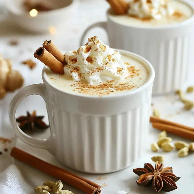 To make a cozy homemade Christmas chai latte, gather the following ingredients: - 2 cups almond milk (or any milk of your choice) - 1 cup water - 1 tablespoon loose black tea (or 2 black tea bags) - 2 cinnamon sticks - 4-5 whole cloves - 4-5 green cardamom pods, lightly crushed - 1 star anise - 1-inch piece fresh ginger, sliced - 2-3 tablespoons honey or maple syrup (adjust to taste) - A pinch of nutmeg - Optional: whipped cream and a sprinkle of cinnamon for garnish These ingredients create a warm and inviting drink. Almond milk adds creaminess, while black tea gives a robust flavor. The spices bring warmth and a festive touch. Sweeteners like honey or maple syrup balance the spices perfectly. You can also top your latte with whipped cream and cinnamon for that extra holiday cheer. Enjoy crafting this delightful drink! {{ingredient_image_2}} Start by boiling the spices with water. In a medium saucepan, mix 1 cup of water with 2 cinnamon sticks, 4-5 whole cloves, 4-5 crushed cardamom pods, 1 star anise, and 1-inch slices of fresh ginger. Heat the pan over medium heat. Once it starts to boil, the spices will release their lovely aromas. Next, simmer for flavor infusion. Lower the heat and let the mixture simmer for 5-7 minutes. This step lets the spices blend well, creating a rich and warm flavor. Now, it’s time to add and steep the tea. Place 1 tablespoon of loose black tea or 2 black tea bags into your spiced mixture. Let it steep for 5 minutes. Stir occasionally to help the tea mix well. This will enhance the taste and give you a strong chai flavor. While the tea is steeping, gently warm the almond milk. In a separate saucepan, pour in 2 cups of almond milk. Heat it over low heat. Stir continuously to prevent it from boiling. You want it warm, not boiling, to keep the flavors balanced. After steeping, strain the solids from the spiced tea. Use a fine mesh sieve and pour the tea mixture into a large bowl or pitcher. Press gently on the solids to squeeze out any extra flavor. Mix the strained tea with the warmed milk. Stir well to combine them smoothly. Sweeten your chai latte with 2-3 tablespoons of honey or maple syrup. Add a pinch of nutmeg for extra warmth. To serve, pour the fragrant chai latte into mugs. For a festive touch, add whipped cream on top and a sprinkle of cinnamon. This makes your drink look inviting and adds a delicious finish. Enjoy your homemade Christmas chai latte! To make this chai latte truly yours, start with the spices. You can adjust them based on your taste. If you love cinnamon, add more. Prefer a kick? Toss in more ginger. For sweeteners, honey and maple syrup shine. But if you want a different touch, try agave or coconut sugar. These will change the flavor and make it unique. For a dairy-free option, almond milk works well, but any milk will do. You can also use oat milk or cashew milk for a creamier drink. Creaminess is key to a great chai latte. To enhance the foam, whisk the milk while heating. This adds air and makes it light. A frother can also help create a soft layer on top. When heating the milk, keep it on low heat. If it boils, it may curdle. Gently stirring helps it warm evenly. This way, the flavors blend well without losing the milk's smooth texture. You can prepare many parts of this chai latte ahead. The spiced tea mix can be made a day before. Store it in the fridge. When you’re ready, just heat the milk and mix. For best results, keep the components separate until serving. This keeps the flavors fresh. If you have leftovers, store them in an airtight container. When reheating, do it slowly over low heat to keep the taste great. Pro Tips Choose Your Milk: Experiment with different types of milk such as oat or coconut for unique flavors and creaminess. Adjust Sweetness: Start with a smaller amount of honey or maple syrup, and adjust to your taste as the spices can also add natural sweetness. Spice Variations: Feel free to add other spices like black pepper or nutmeg to customize the chai's flavor profile. Chill for Iced Chai: For a refreshing iced version, let the chai cool and serve over ice with milk or cream. {{image_4}} You can easily make your chai latte special for the holidays. Adding pumpkin spice gives it a warm, cozy feel. Just mix it in while you warm the milk. Another great choice is nutmeg. It adds a sweet, earthy flavor that brightens up your drink. You can also try other spice blends. Think of using gingerbread spices or even some peppermint. These choices can bring a festive twist to your drink. You have many choices for milk. Almond milk is a great base, but you can use any milk you like. Dairy milk will give a creamier taste. Non-dairy options include oat or soy milk. Each type of milk changes the flavor and texture. For instance, oat milk makes it very smooth. Meanwhile, coconut milk adds a tropical twist. Try different milks to find your favorite. If you want a cool drink in summer, try an iced chai latte. Start by making the spiced tea mixture as usual. Once it’s done, let it cool to room temperature. Then, fill a glass with ice. Pour the cool spiced tea over the ice. Next, add your choice of milk. Stir well to mix. This drink is refreshing and perfect for hot days. Enjoy it on a sunny afternoon! To store leftover chai latte, let it cool first. Then, pour it into an airtight container. Seal it tightly and place it in the fridge. It stays fresh for about 3 to 4 days. You can reheat it on the stove or in the microwave. Stir well before serving. The shelf life of your prepared ingredients varies. Almond milk lasts about 7-10 days in the fridge once opened. Spices, if stored correctly, can last for months. Check for freshness regularly. Yes, you can freeze chai latte! Pour it into freezer-safe containers. Leave some space at the top for expansion. It can last about 1-2 months in the freezer. For thawing and reheating, move the container to the fridge overnight. Once thawed, reheat it gently. Stir the mixture well to combine the flavors before serving. To preserve freshness, store spices in a cool, dark place. Use airtight containers to keep out moisture and light. Whole spices last longer than ground ones. Most spice mixtures can be kept for about 6 months. After that, they can lose their flavor. Check your spices for aroma. If they smell weak, it’s time to replace them. You can use green tea, but it will taste different. Green tea is milder and has a lighter flavor than black tea. Black tea gives a strong base for the spices. If you choose green tea, use less steeping time. This helps keep the flavor balanced. If you want an alternative to honey, try maple syrup or agave nectar. Both options add sweetness without changing the flavor too much. You can also use sugar, but adjust the amount to your taste. Brown sugar works well for a richer flavor. To make a vegan chai latte, simply use plant-based milk. Almond, oat, or soy milk are great choices. For sweetening, use maple syrup instead of honey. This keeps your drink completely plant-based and delicious! Yes, you can easily scale up the recipe. Just multiply each ingredient by the number of servings you need. Use a larger pot to ensure everything mixes well. Keep the spices and tea steeping time the same for best flavor. Essential spices for chai lattes include: - Cinnamon sticks - Whole cloves - Cardamom pods - Star anise - Fresh ginger These spices create the warm, cozy flavor that chai is known for. You can adjust the amounts based on your taste preferences. You learned how to make chai lattes with a blend of spices and tea. We covered the ingredients, step-by-step instructions, and tips for customization. There are variations for different seasons and storage guidelines for leftovers. Whether you prefer a warm mug or an iced version, you can adjust the recipe to suit your taste. Enjoy experimenting with flavors and sharing this delightful drink with friends. Making chai lattes at home brings warmth and comfort to any occasion.