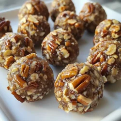 - 1 cup pecans, finely chopped - 1 cup pitted dates, tightly packed - 1/2 cup almond flour - 1/4 cup pure maple syrup - 1 teaspoon vanilla extract - 1/2 teaspoon ground cinnamon - Pinch of sea salt - Optional: Dark chocolate chips for coating Pecans add a rich flavor and crunch. If you have nut allergies, use sunflower seeds instead. Dates bring natural sweetness and stickiness. You can swap them with dried figs or raisins if needed. Almond flour helps bind the mixture. For a nut-free option, use oat flour. Maple syrup gives a lovely taste. Honey or agave syrup can work too. Vanilla extract adds depth; you can skip it if you want. Ground cinnamon gives warmth; feel free to use pumpkin spice for a twist. A pinch of sea salt enhances all the flavors. You can make these balls even better! Try adding: - Chopped dark chocolate for extra richness. - Coconut flakes for a tropical touch. - Chia seeds for added nutrition and crunch. - Orange zest for a bright flavor. These add-ins can make each batch unique and fun to enjoy! {{ingredient_image_2}} 1. Blend the Base: Start by placing the finely chopped pecans, pitted dates, almond flour, maple syrup, vanilla extract, ground cinnamon, and a pinch of sea salt into a high-speed food processor. This mix is what gives our pecan pie balls their great flavor. 2. Pulse into Dough: Process the mix for 1-2 minutes. You want it to form a dough-like consistency. If it feels dry, add one extra tablespoon of maple syrup. This will help it bind better. 3. Shape the Balls: Grab a tablespoon or small cookie scoop. Take portions of the mixture and roll them in your hands. Aim for balls that are about 1 inch wide. This size makes them perfect for snacking. 4. Optional Chocolate Coating: If you want a chocolate touch, melt dark chocolate chips in a microwave. Do this in 30-second bursts, stirring until smooth. Dip each ball into the melted chocolate. Make sure they are well-coated, then let the excess drip off. 5. Chill the Balls: Line a tray with parchment paper. Place your pecan pie balls on the paper. If you skipped the chocolate, just put them directly on the tray. 6. Refrigerate to Set: Pop the tray in the fridge for at least 30 minutes. Chilling helps the balls firm up and the flavors blend nicely. 7. Serve and Enjoy: Once chilled, your pecan pie balls are ready to eat! Enjoy them as a tasty snack or a sweet treat. - Use a High-Speed Food Processor: This is key for getting that smooth texture. It makes blending quick and easy. - Check for Dryness: If your mixture feels crumbly, it may need more moisture. Adding maple syrup will solve this. - Don&rsquo;t Over-Blend: Stop once the mix holds together. If you blend too long, it may turn mushy. - Use Wet Hands: Dampen your hands slightly to prevent sticking when rolling the balls. - Consistent Size: Aim for even sizes so they look nice and cook evenly. A cookie scoop helps with this. - Chocolate Coating Tips: Make sure the chocolate isn&rsquo;t too hot. Let it cool slightly before dipping to avoid melting the balls. These steps will help you create simple and irresistible no-bake pecan pie balls that everyone will love. Enjoy! - Use fresh dates. They are sticky and sweet, which binds the mixture well. - Chop pecans finely. This helps them mix evenly and gives a nice texture. - Adjust the maple syrup. If the mix feels dry, add more syrup a little at a time. - Use a cookie scoop. It helps make uniform balls, ensuring even size and shape. - Chill the balls. This helps them firm up and makes them easier to handle. - Don&rsquo;t skip the salt. A pinch enhances all the flavors in the mixture. - Avoid over-blending. You want a dough-like texture, not a paste. - Don&rsquo;t forget to chill. Skipping this step can lead to soft balls that fall apart. - Watch the chocolate coating. If too hot, it can melt the balls inside. - Don&rsquo;t use stale nuts. Fresh pecans taste better and improve the overall flavor. - Use an airtight container. This keeps your pecan pie balls fresh longer. - Store in the fridge. They stay good for up to a week when chilled. - For longer storage, freeze them. Place them in a single layer for easy grabbing. - Thaw gently. Let them sit at room temperature before enjoying. - Label your container. This helps you keep track of how long they have been stored. Pro Tips Chop Pecans Finely: The finer you chop the pecans, the smoother the texture of your pecan pie balls will be. This ensures a more uniform consistency and better binding of the ingredients. Use Fresh Dates: Make sure your dates are fresh and soft for easier blending. If they are dry, soak them in warm water for 10 minutes before using to achieve a better texture. Chill for Perfect Texture: Allowing the balls to chill for at least 30 minutes helps them firm up, making them easier to handle and giving them the right texture for serving. Experiment with Flavors: Feel free to add additional spices like nutmeg or ginger for a unique twist, or incorporate shredded coconut for added texture and flavor. {{image_4}} You can easily tweak the flavor of your pecan pie balls. For a chocolate twist, mix in cocoa powder or use dark chocolate chips. If you want a fruity touch, add dried cranberries or chopped apricots. You can also use flavored extracts. Try almond or hazelnut for a unique taste. Adjust the spices too! Swap the cinnamon for nutmeg or pumpkin spice for a warm vibe. If you need nut-free options, sunflower seed butter works well. You can swap pecans for sunflower seeds. Use rolled oats instead of almond flour to keep it nut-free. To make these balls vegan, ensure your maple syrup is pure and avoid chocolate that contains dairy. You can also use coconut flour or ground flaxseed in place of almond flour. For seasonal fun, add pumpkin puree for an autumn flavor. Sprinkle in some ginger for a festive twist. During the holidays, you might want to mix in crushed peppermint candy canes. In summer, a splash of lime juice can brighten these treats. These variations keep your pecan pie balls fresh and exciting throughout the year. Enjoy experimenting with flavors! For the best taste and texture, store your no-bake pecan pie balls in an airtight container. This keeps them fresh and prevents them from drying out. I like to use glass containers because they do not absorb odors. Line the bottom with parchment paper for easy removal. Place a layer of balls, then add another piece of parchment before stacking more on top. This method keeps them from sticking together. You can freeze these pecan pie balls for up to three months. Place them on a parchment-lined baking sheet first. Freeze them for about an hour. After they are firm, transfer them to a freezer-safe bag or container. Make sure to remove as much air as possible. When ready to eat, just thaw them in the fridge overnight. This way, they stay tasty and easy to eat. In the fridge, these treats last about a week. Keep an eye on their firmness and taste. If they start to taste off, it's best to toss them. Use them as a quick snack or a sweet treat after a meal. They are great for parties, too! Just serve them on a nice platter. You can drizzle extra chocolate over them to impress your guests. Yes, you can swap pecans for other nuts. Walnuts or almonds work well. Each nut gives a unique taste. Just chop them finely before blending. This change can make the balls fun and fresh. To add more chocolate, mix in cocoa powder. You can add about two tablespoons to the dough. Another option is to coat them in melted dark chocolate. This adds flavor and an elegant look. Absolutely! All the ingredients in this recipe are gluten-free. Almond flour, dates, and maple syrup are safe choices. You can enjoy these treats without worry about gluten. Yes, this recipe is naturally vegan. It uses plant-based ingredients like dates and nuts. You don&rsquo;t need to change anything for a vegan treat. They can last up to one week in the fridge. Store them in an airtight container. This keeps them fresh and tasty for longer. Yes, you can freeze them. Place them in an airtight container or freezer bag. They will stay good for about three months. Just let them thaw in the fridge when you're ready to eat. Definitely! You can try adding nutmeg or ginger for warmth. A dash of cayenne can add a kick. Be creative with your spice choices to find your favorite mix. You can make delicious pecan pie balls with the right ingredients and steps. This recipe includes easy swaps and fun add-ins. I shared tips for blending smoothly and shaping your treats just right. Avoid common mistakes, and store your pecan pie balls properly for the best taste. Experiment with different flavors and variations for every season. With a few simple tricks, you&rsquo;ll impress everyone. Enjoy whipping up this tasty treat!