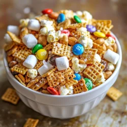 To make White Trash Snack Mix, gather these tasty items: - 3 cups Chex cereal (Rice or Corn) - 2 cups pretzel sticks - 1 cup dry roasted peanuts - 1 cup M&M's (your color choice) - 1 cup popped popcorn - 1 cup mini marshmallows - 1/2 cup white chocolate chips - 1 teaspoon sea salt - 1/4 teaspoon ground cinnamon - 1 tablespoon vegetable oil You can make this mix your own! Here are some fun ideas: - Swap Chex cereal for your favorite snack mix. - Add chocolate-covered raisins or nuts for extra sweetness. - Toss in dried fruits like cranberries or banana chips. - Use flavored popcorn, like cheese or caramel, for a twist. Don't have everything? No problem! Here are some swaps: - Use crunchy cereal instead of Chex. - Almonds or cashews can replace dry roasted peanuts. - Any chocolate chips can work in place of white chocolate. - If you're out of sea salt, use regular salt instead. Feel free to get creative with these ingredients. You can make White Trash Snack Mix to fit your taste! {{ingredient_image_2}} Start by gathering all your ingredients. You will need Chex cereal, pretzel sticks, peanuts, M&M's, popcorn, and mini marshmallows. In a big bowl, add 3 cups of Chex cereal. Next, toss in 2 cups of pretzel sticks. Then, add 1 cup of dry roasted peanuts. Pour in 1 cup of M&M's. Don't forget the 1 cup of popped popcorn and 1 cup of mini marshmallows. Use your hands or a spatula to mix everything well. Make sure all the fun flavors blend together. Now, it's time for the white chocolate. Take a small bowl and add 1/2 cup of white chocolate chips. Add 1 tablespoon of vegetable oil for smoothness. Microwave the bowl for 30 seconds. Stir the chocolate, then microwave again. Keep doing this until the chocolate is fully melted and smooth. Drizzle the melted chocolate over your snack mix in the big bowl. Use a spatula to toss the mix gently. Make sure every piece gets a nice coating of white chocolate. Next, sprinkle 1 teaspoon of sea salt and 1/4 teaspoon of ground cinnamon over the mix. Toss it again so the flavors mix well. Now, spread the snack mix on a lined baking sheet. Use parchment paper for easy cleanup. Let it cool for about 30 minutes. This helps the chocolate set and harden. Once it&rsquo;s cool, break any clumps into bite-sized pieces. Finally, transfer the mix into an airtight container. This keeps your snack mix fresh and crunchy for later. To get that crunchy mix, use fresh ingredients. Make sure your Chex cereal and popcorn are crisp. If they sit too long, they can get soggy. Adding sea salt and cinnamon boosts the taste and texture. Toss lightly after adding the white chocolate for even coating. This keeps every bite fun and crunchy. Keep your snack mix in an airtight container. This helps it stay fresh and crunchy. If you want extra protection, use a zip-top bag. Put it in a cool, dry place to avoid moisture. Your mix can last up to two weeks if stored right. Just make sure to check for any signs of spoilage. This mix is great for parties or movie nights. You can serve it in small cups for easy snacking. Use colorful cellophane bags tied with ribbons for a fun touch. If you want to be fancy, add a scoop for each guest. Pair it with drinks like soda or punch to make it a hit! Pro Tips Use Quality Chocolate: Opt for high-quality white chocolate chips for a smoother melt and richer flavor, enhancing the overall taste of your snack mix. Customize Your Mix: Feel free to substitute or add other ingredients like dried fruits, different nuts, or chocolate-covered pretzels to make the mix uniquely yours. Storage Matters: Keep your snack mix in an airtight container at room temperature to maintain its crunchiness and prevent it from becoming stale. Perfect for Gifting: Package the snack mix in decorative bags or jars with a ribbon for a thoughtful homemade gift that's sure to please. {{image_4}} You can switch up White Trash Snack Mix to fit your taste. For a sweet twist, add chocolate-covered pretzels or caramel popcorn. Candied nuts can bring in extra sweetness, too. Want a savory kick? Try adding cheese crackers or spicy nuts. The mix becomes a party in your mouth with each bite. Make your mix fit the season! During the fall, add pumpkin spice almonds and candy corn. For winter, use peppermint M&M's and white chocolate drizzles. In the summer, fresh berries or coconut flakes can bring a tropical vibe. Each season offers fun flavors to keep things fresh. If you want a lighter snack, there are easy swaps. Use air-popped popcorn instead of regular popcorn for fewer calories. Swap out white chocolate chips for dark chocolate chips for a rich taste and more nutrients. You can also replace regular pretzels with whole grain options for added fiber. These changes keep the mix tasty while being a bit healthier. To keep your White Trash Snack Mix fresh, store it in an airtight container. This helps prevent moisture and keeps the mix crunchy. You can also use resealable bags if you prefer. Be sure to seal the bags tightly after each use. Avoid exposing the mix to heat or direct sunlight. Keeping it in a cool, dark place works best. When stored correctly, your snack mix can last up to two weeks. After that, it may start to lose its crunch. Always check for signs of staleness, like a soft texture or off smell. If it seems fine, enjoy it! If you want the mix to last longer, consider freezing it. Freezing is a great way to store your White Trash Snack Mix for longer. Place the mix in an airtight container or freezer-safe bag. Make sure to remove as much air as possible to avoid freezer burn. The mix can last up to three months in the freezer. When you&rsquo;re ready to eat it, just let it thaw at room temperature. Enjoy the same great taste! White Trash Snack Mix is a fun mix of snacks. It has Chex cereal, pretzels, peanuts, M&M's, popcorn, mini marshmallows, and white chocolate. This snack is sweet, salty, and crunchy. It&rsquo;s a crowd-pleaser at parties and great for movie nights. Yes, you can make this snack mix ahead of time. It stays fresh for about a week in an airtight container. Just make sure to let it cool completely before storing. This way, the chocolate will not melt and stick together. Absolutely! You can use dark chocolate or milk chocolate instead of white chocolate. Each will give the mix a different taste. You can even mix them if you want to try something new. This mix pairs well with ice cream or yogurt. You can serve it with fresh fruit for a fun twist. It also tastes great with a fizzy drink or lemonade. These pairings make for a tasty snack or dessert. Yes, this snack mix is very kid-friendly. Kids love the colorful M&M's and the crunchy textures. It&rsquo;s easy to make, and kids can help mix the ingredients. It&rsquo;s perfect for birthday parties or after-school snacks. In this post, I shared how to make White Trash Snack Mix. We covered all the ingredients you can use, including substitutions. I gave you step-by-step instructions to mix, melt, and store the snack. I also shared tips for a perfect texture and long-lasting freshness, along with fun variations. This snack is easy, tasty, and fun for everyone. Get creative with your mix! You can enjoy it at any gathering or keep it for later. Happy snacking!
