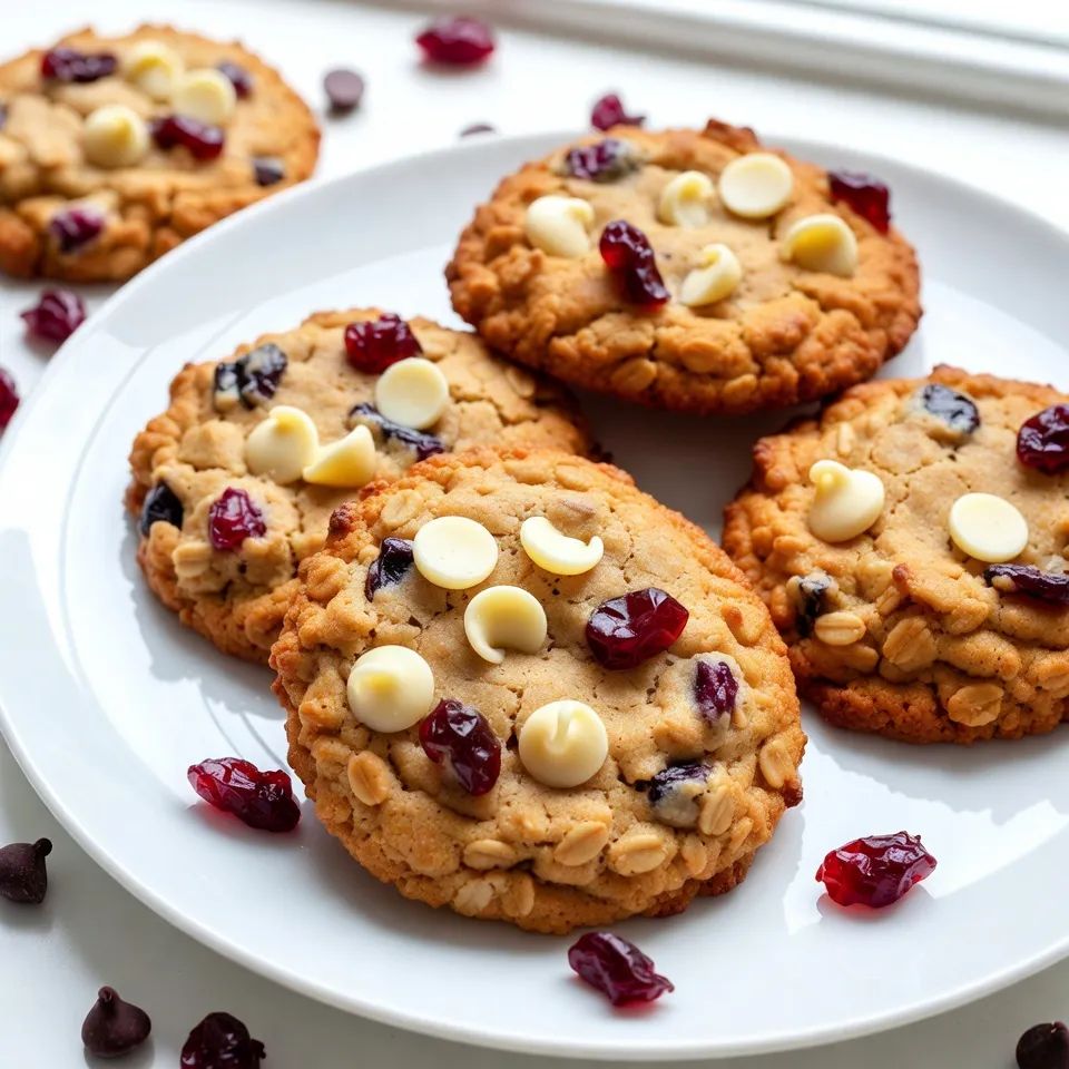 To make oatmeal cranberry white chocolate cookies, you'll need the following items: - 1 cup rolled oats - 1 cup all-purpose flour - 1/2 teaspoon baking soda - 1/2 teaspoon salt - 1 teaspoon ground cinnamon - 3/4 cup unsalted butter, softened - 3/4 cup packed brown sugar - 1/2 cup granulated sugar - 1 large egg - 1 teaspoon vanilla extract - 1 cup dried cranberries - 1 cup white chocolate chips These ingredients come together to create a cookie that is chewy, sweet, and packed with flavor. The oats add texture, while the cranberries provide a tart contrast. The white chocolate chips melt into gooey pockets of sweetness. Each bite is a delight! When selecting your ingredients, choose high-quality butter and fresh cranberries. This choice enhances the taste. You can also experiment with other ingredients, like using dark chocolate instead of white. This change can give a different twist to the flavor. Now, gather your ingredients, and let’s create something special! {{ingredient_image_2}} Preheat your oven to 350°F (175°C). This ensures even baking. Next, line a baking sheet with parchment paper. This step stops the cookies from sticking. In a medium bowl, combine 1 cup of rolled oats, 1 cup of all-purpose flour, 1/2 teaspoon of baking soda, 1/2 teaspoon of salt, and 1 teaspoon of ground cinnamon. Whisk these dry ingredients well. Set the bowl aside for now. In a large bowl, beat 3/4 cup of softened butter with 3/4 cup of brown sugar and 1/2 cup of granulated sugar. Use a hand mixer or stand mixer on medium speed. Mix until it looks light and fluffy. This takes about 2 minutes. Next, add 1 large egg and 1 teaspoon of vanilla extract to the creamed mixture. Beat the mixture for another minute until fully blended. This adds moisture and flavor. Gradually add the dry ingredients to the wet mixture. Mix gently until just combined. Be careful not to overmix, or your cookies will be tough. We want them soft and chewy. Now, fold in 1 cup of dried cranberries and 1 cup of white chocolate chips. Use a spatula to ensure they mix evenly without breaking the chips. This adds sweetness and a fruity touch. Using a cookie scoop or a tablespoon, drop rounded portions of dough onto the prepared baking sheet. Leave about 2 inches between each scoop. Bake in the oven for 10-12 minutes. The edges should be golden, while the centers stay soft. Enjoy the smell of fresh cookies filling your kitchen! To get the best cookies, avoid overmixing the dough. This keeps your cookies soft and tender. When you combine the wet and dry ingredients, mix just until they blend. Too much mixing makes the cookies tough. Next, watch the baking time closely. Bake for 10 to 12 minutes. The edges should be golden brown, while the centers stay soft. This gives you that perfect chewy texture. For a beautiful display, arrange your cookies on a decorative platter. You can add a sprinkle of extra cranberries and white chocolate chips on top. This makes them look even more tempting! Pair your cookies with a glass of cold milk or a warm drink. This combination adds to the joy of eating these tasty treats. To keep your cookies fresh, use an airtight container. This prevents them from getting dry. If you want to save some for later, freezing is a great option. Just place them in a freezer-safe bag. When you want a cookie, take one out and let it thaw. Enjoy your delightful oatmeal cranberry white chocolate cookies anytime! Pro Tips Chill the Dough: For even thicker cookies, chill the dough for at least 30 minutes before baking. This helps the cookies maintain their shape and results in a chewier texture. Use Quality Ingredients: Opt for high-quality white chocolate and dried cranberries. The flavor difference can elevate your cookies from good to exceptional. Check for Doneness: The cookies should look slightly underbaked in the center when you take them out of the oven. They will continue to cook on the baking sheet after removal. Storage Tips: Store your cookies in an airtight container at room temperature for up to a week. For longer storage, freeze them in a single layer and then transfer to a freezer-safe bag. {{image_4}} You can switch out dried cranberries for other fruits. Consider using raisins or cherries. Both add a nice touch. For white chocolate, dark chocolate chips work well too. They give a richer taste. Experiment with these choices to find your favorite combo. To make these cookies gluten-free, use gluten-free flour. This simple swap makes a big difference. Look for blends that work well for baking. Ensure the flour is a 1:1 substitute. This way, you keep the cookie's texture and taste intact. Want to add some crunch? Toss in nuts or seeds. Walnuts or pecans add great flavor. Sunflower seeds are also a fun option. These add-ins give your cookies a new texture and taste. Mix them in gently so they stay evenly spread. To keep your cookies fresh, use airtight containers. This helps protect them from air and moisture. You can stack them neatly, but make sure to separate layers with parchment paper. If you want to store cookies for longer, freezing is a great option. Wrap each cookie in plastic wrap. Place them in a freezer-safe bag. They will stay fresh for up to three months. If your cookies lose their softness, don't worry. You can reheat them easily. Place the cookies in a microwave for about 10 seconds. This will warm them up and make them soft again. If you prefer the oven, set it to 350°F (175°C). Heat the cookies for 5 to 7 minutes. This will restore their chewy texture. Freshly baked cookies taste best within the first few days. They can last about a week when stored properly. If you keep them in an airtight container, they stay soft. However, cookies stored for longer may become dry. Frozen cookies can last much longer, so you can enjoy them anytime! To make your cookies softer, try these tips: - Reduce baking time: Bake for 10 minutes, then check for doneness. - Use brown sugar: It adds moisture and keeps cookies soft. - Add an extra egg yolk: This helps create a richer, softer cookie. - Chill the dough: Let the dough rest for 30 minutes before baking. This helps the cookies spread less. Soft cookies need careful attention. Always watch them as they bake. Remove them while they are still slightly soft in the center. Yes, but the texture will change. Quick oats are smaller and softer. They blend into the dough more than rolled oats. This can make cookies less chewy. Rolled oats add heartiness and a nice chewiness. If you like a softer cookie, quick oats are fine. For that classic oatmeal texture, stick with rolled oats. Absolutely! Freezing cookie dough is easy: 1. Scoop the dough: Use a cookie scoop to portion out the dough. 2. Freeze portions: Place them on a baking sheet and freeze until firm. 3. Store in bags: Once frozen, transfer the dough balls to a zip-top bag. Label it with the date. 4. Bake from frozen: When you want cookies, bake them straight from the freezer. Just add a couple of extra minutes to the baking time. Enjoy fresh cookies whenever you want! This blog post covers delicious cookie-making. We shared a complete list of ingredients, from oats to chocolate chips. The step-by-step guide ensures your cookies come out perfect. Remember, gentle mixing keeps them soft, while careful baking gives golden edges. You can even customize flavors or store cookies easily. Now, you’re ready to bake tasty treats and impress friends. Enjoy the process and share these cookies with loved ones. Happy baking!
